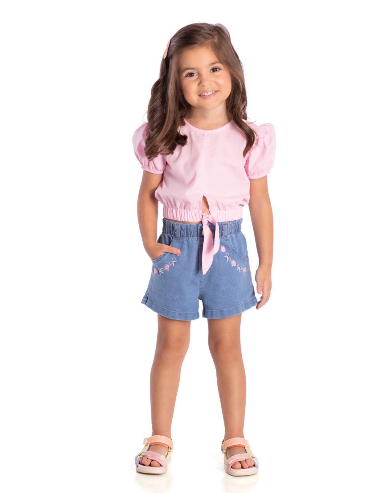 Infantil - Conj. blusa manga curta bufante rosa + shorts jeans bordado