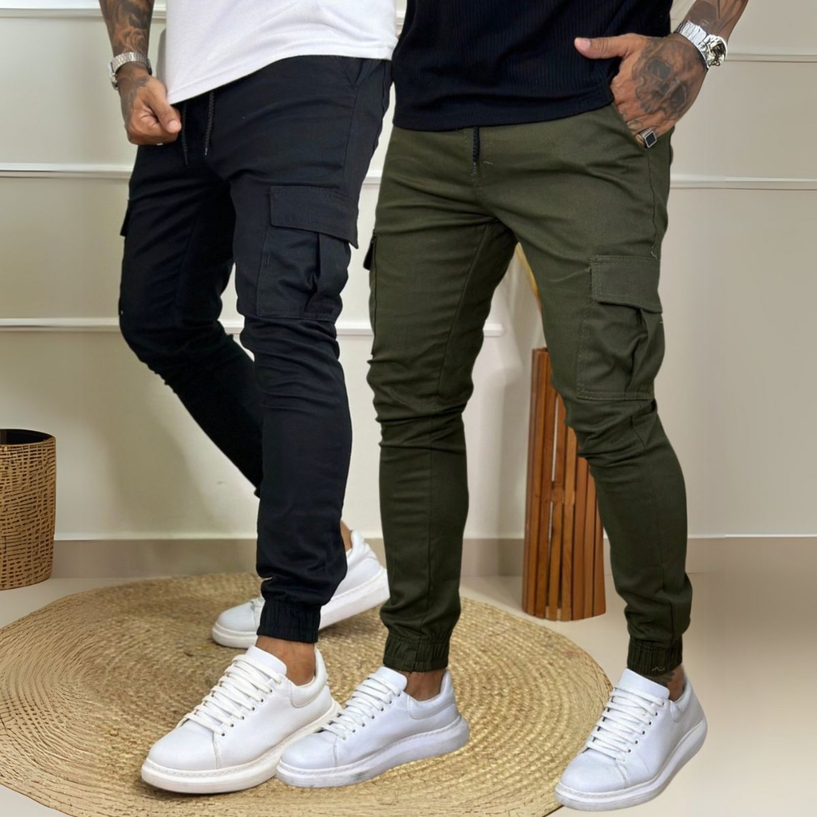 Kit 2 Calça Jogger Cargo Masculina Preto e Verde Linha Premium 100% Algodão