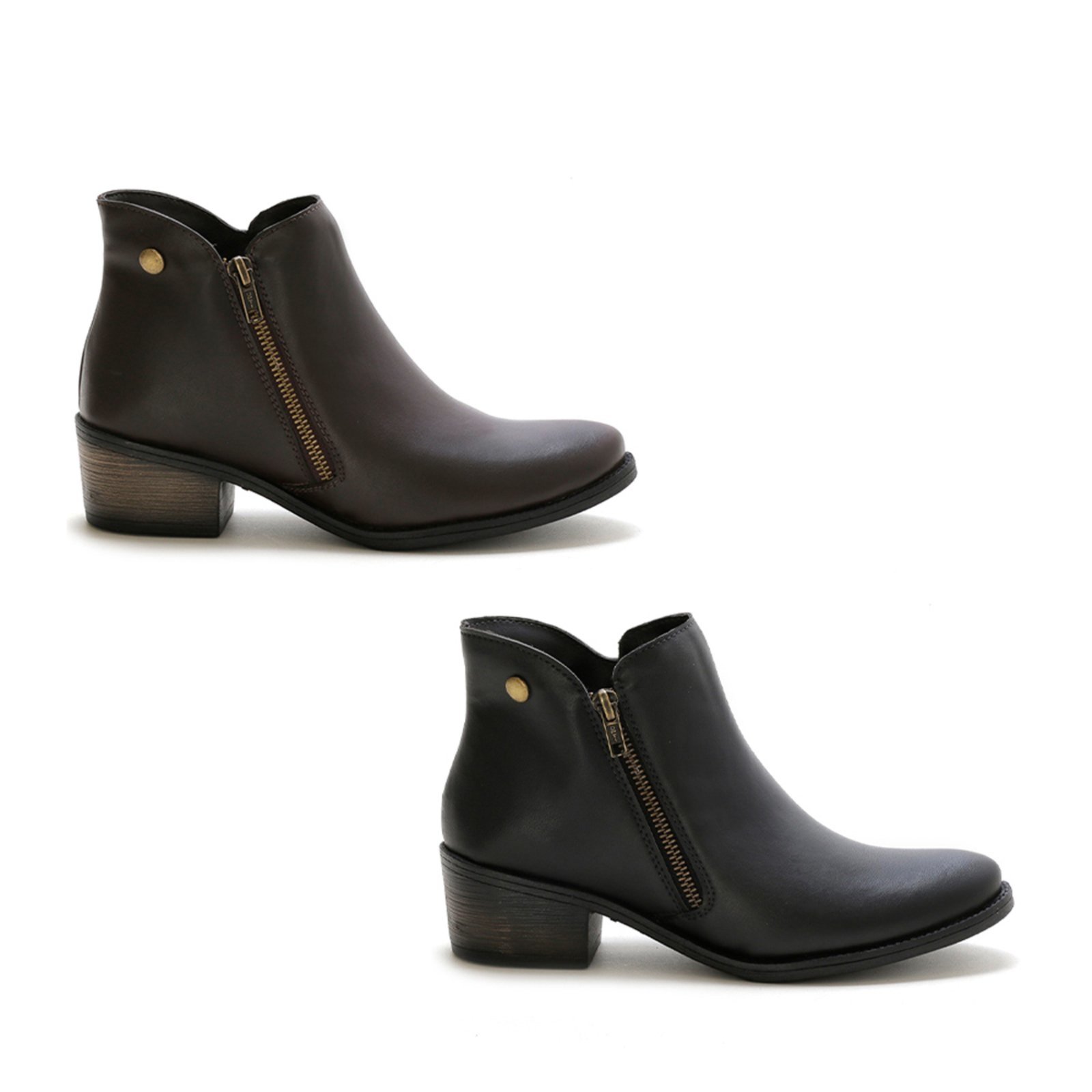 Kit 2 Pares Bota Feminina Cano Baixo Bredeni Coturno Com Ziper Lateral Confortavel Marrom Preta