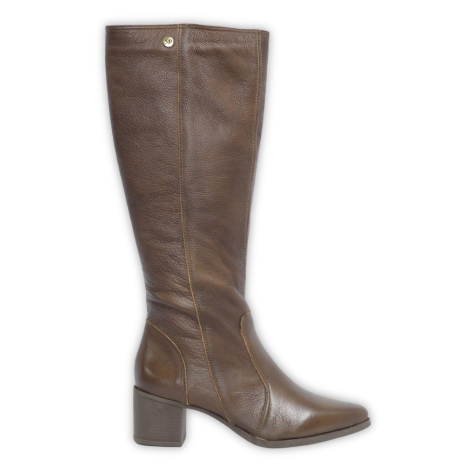 Bota Cano Longo Couro Salto 4 CM Bico Fino Camel Spinelli