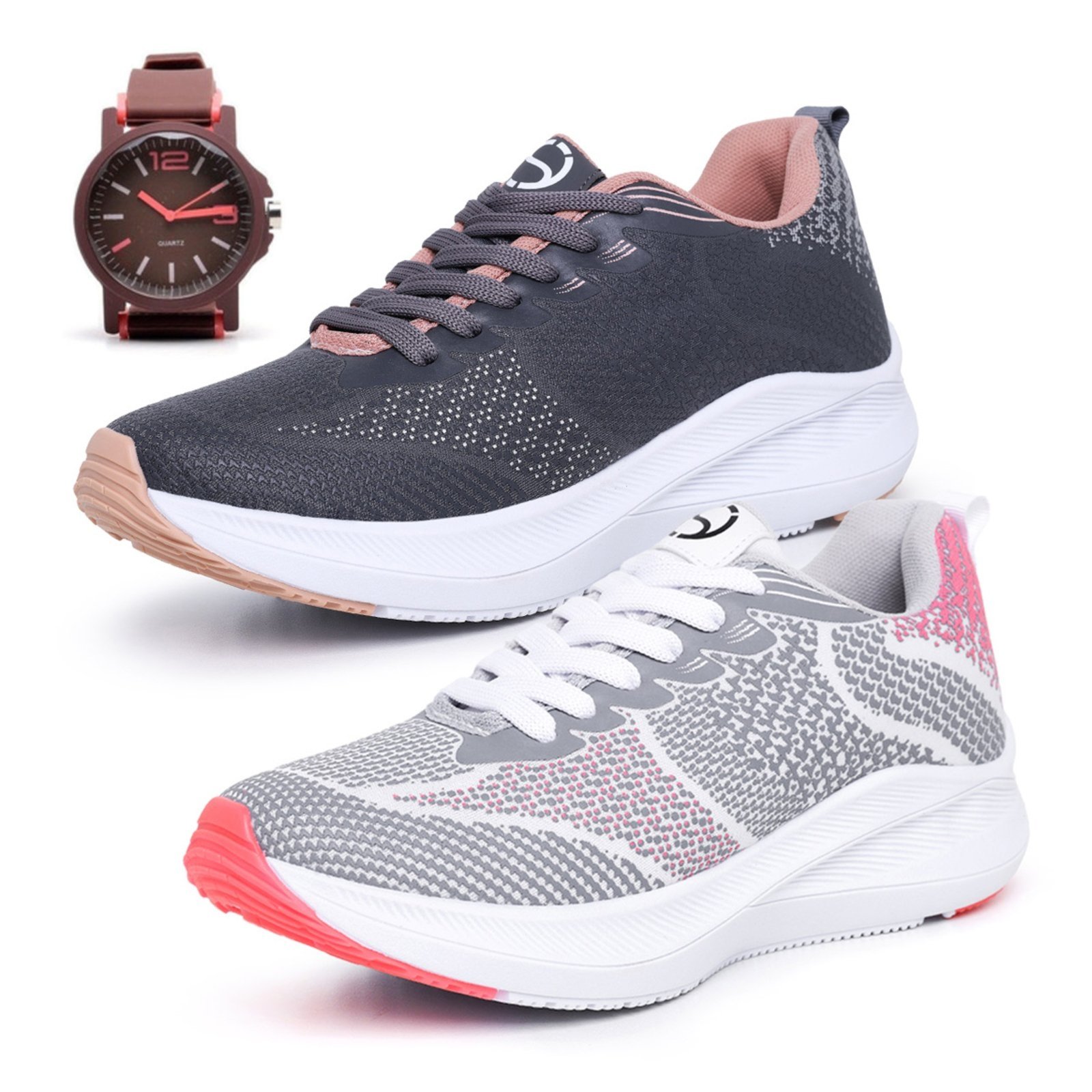 Kit 2 Pares Tênis Esportivo Masculino Feminino Original Para Treino Leve Branco e Grafite com Rosa Mais Relógio