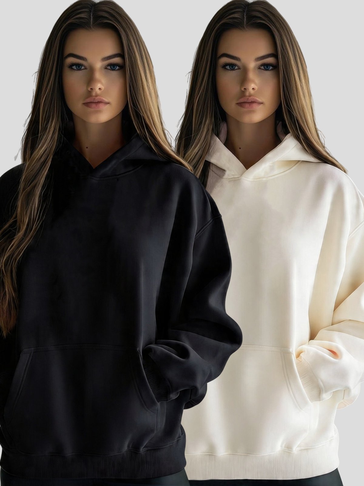 Kit 2 Moletom Canguru Feminino Fechado Flanelado Benellys Liso Off White com Preto
