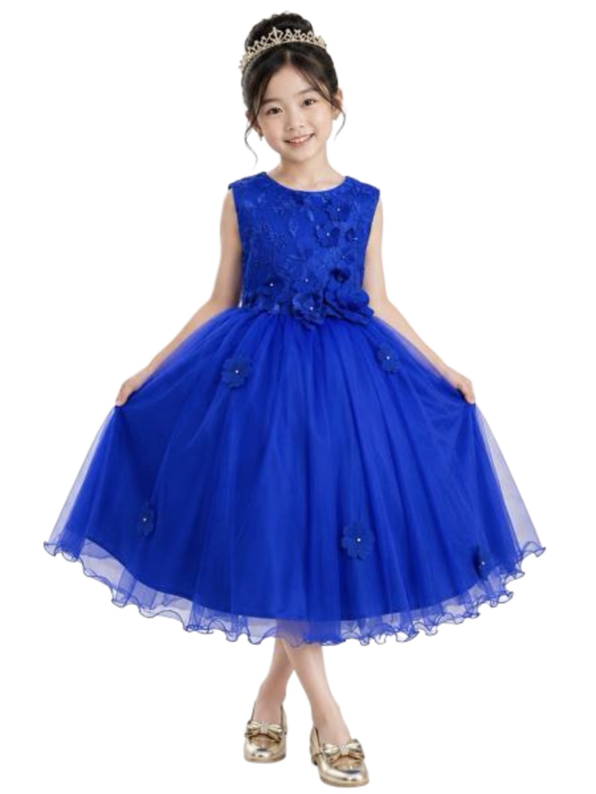 Infantil - Vestido Menina Juvenil Festa Azul Royal Formatura Casamento Florista Dama Daminha Aniversário Luxo Flores Renda Rodado Social Juvenil