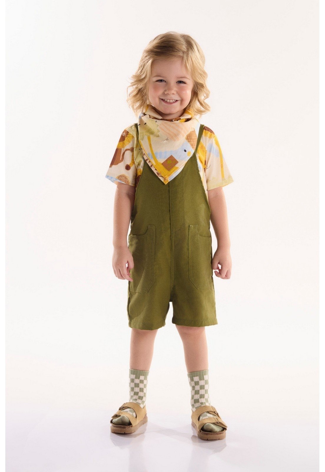 Infantil - Conjunto Menino Safari com Camiseta e Jardineira Três e Já Off-White