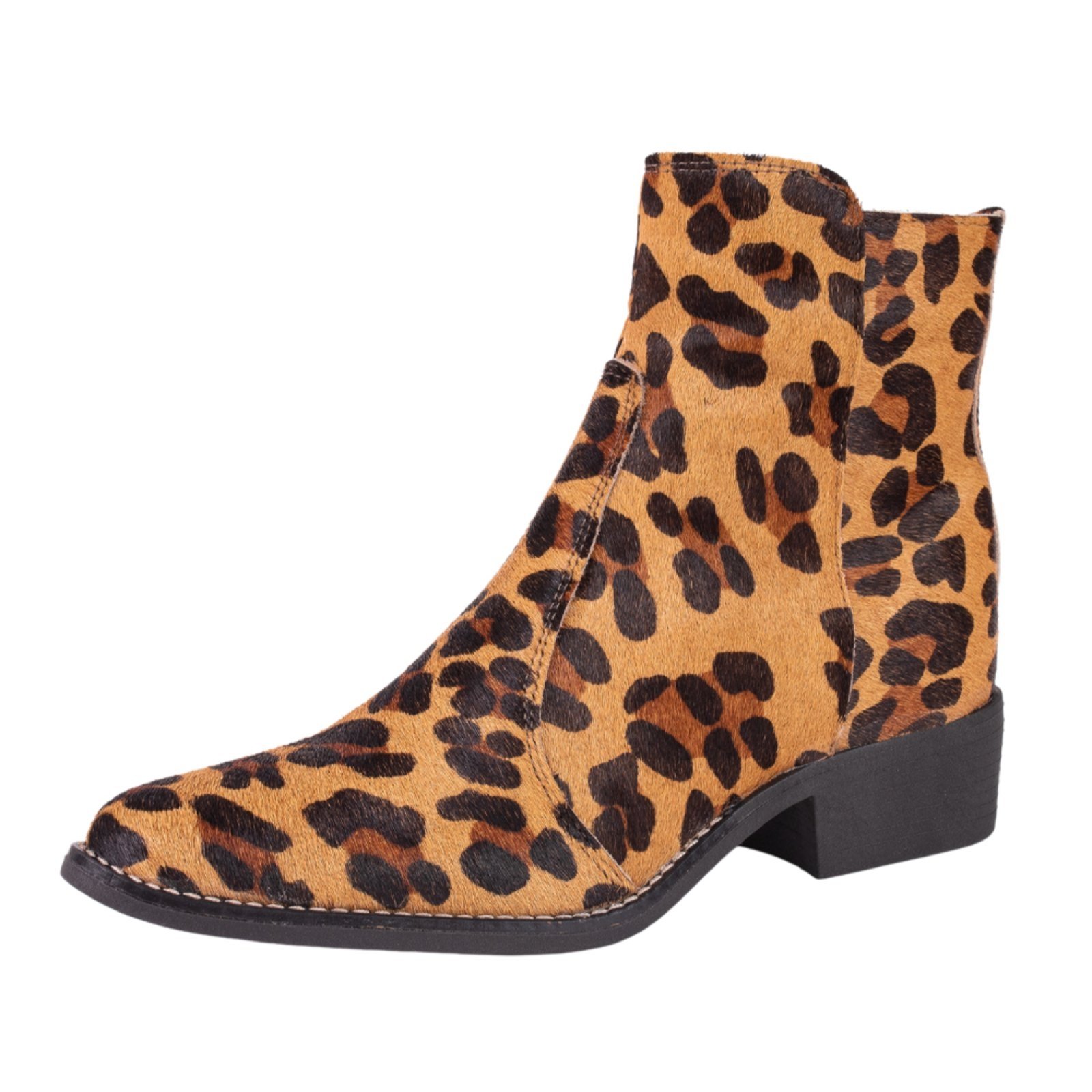 Bota em Couro Legitimo Feminina Cano Baixo Bico Fino Onça Pelinhos Kuento Shoes
