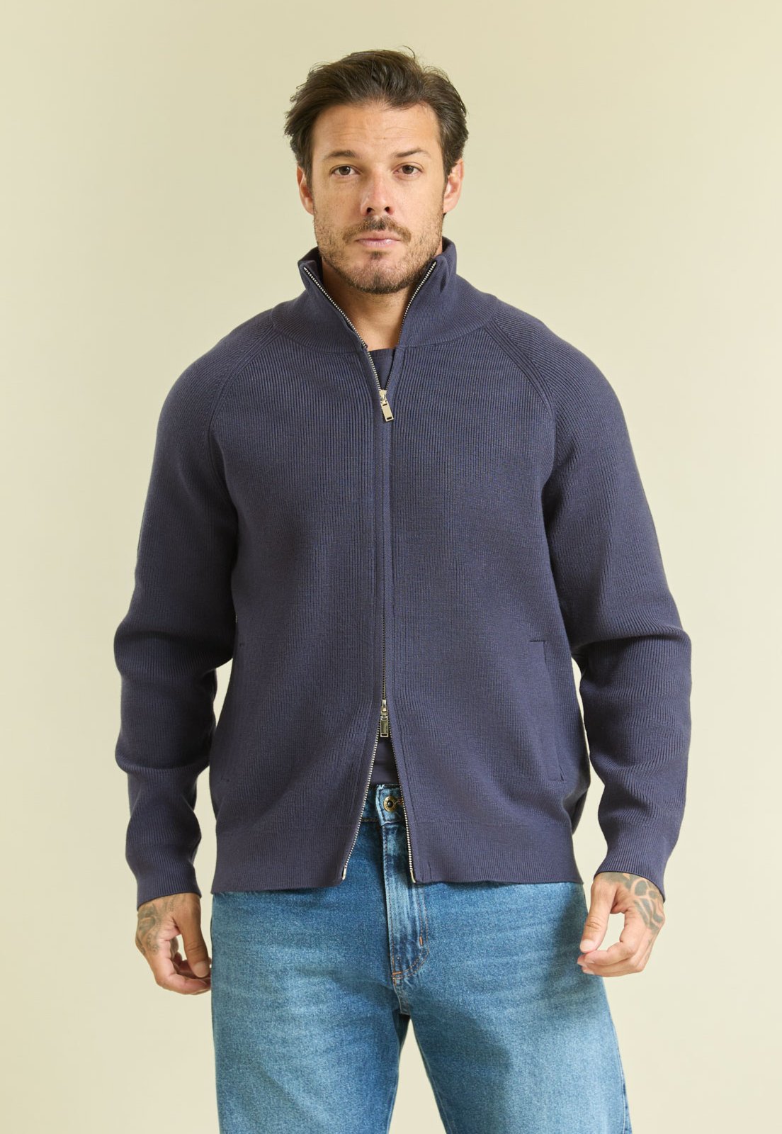 Jaqueta Tricot Masculina Zíper Duplo Azul Marinho Dialogo
