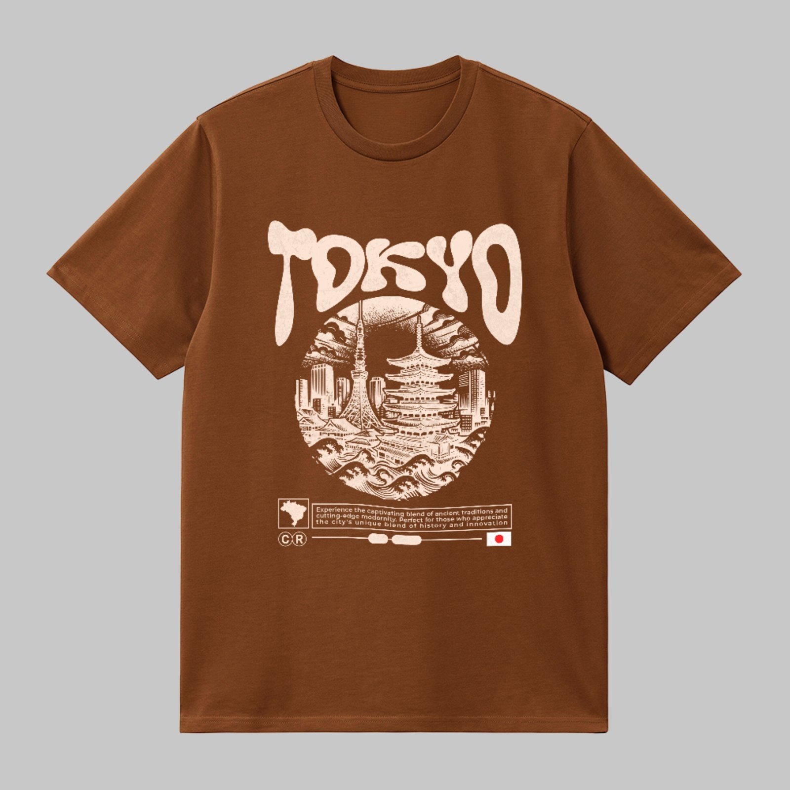 Camiseta Básica Tokyo Japan Streetwear Vintage Oriental Unissex Marrom