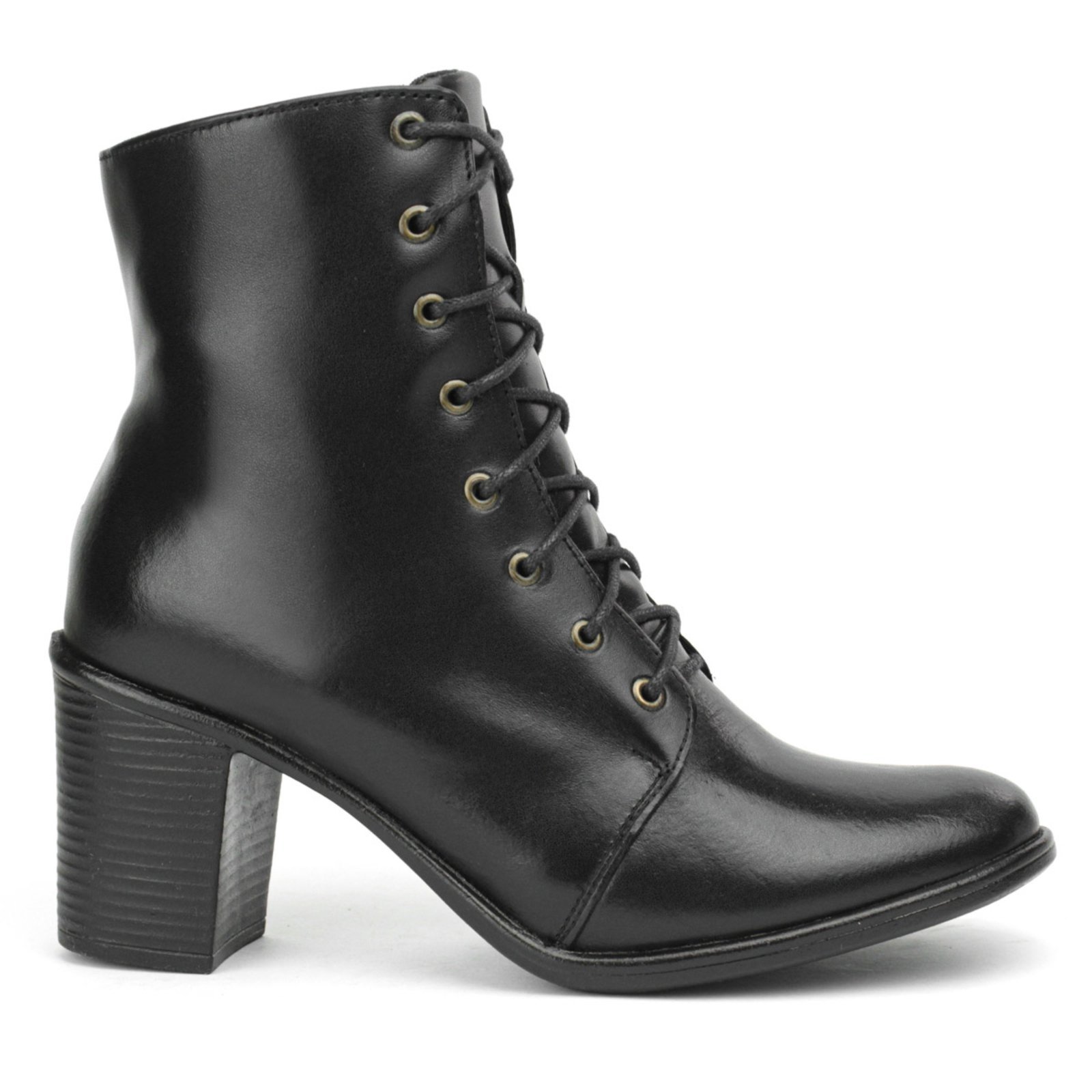 Bota Couro Feminina Cano Médio Salto Bloco Fachete Médio Bico Fino Cadarço Casual Preto