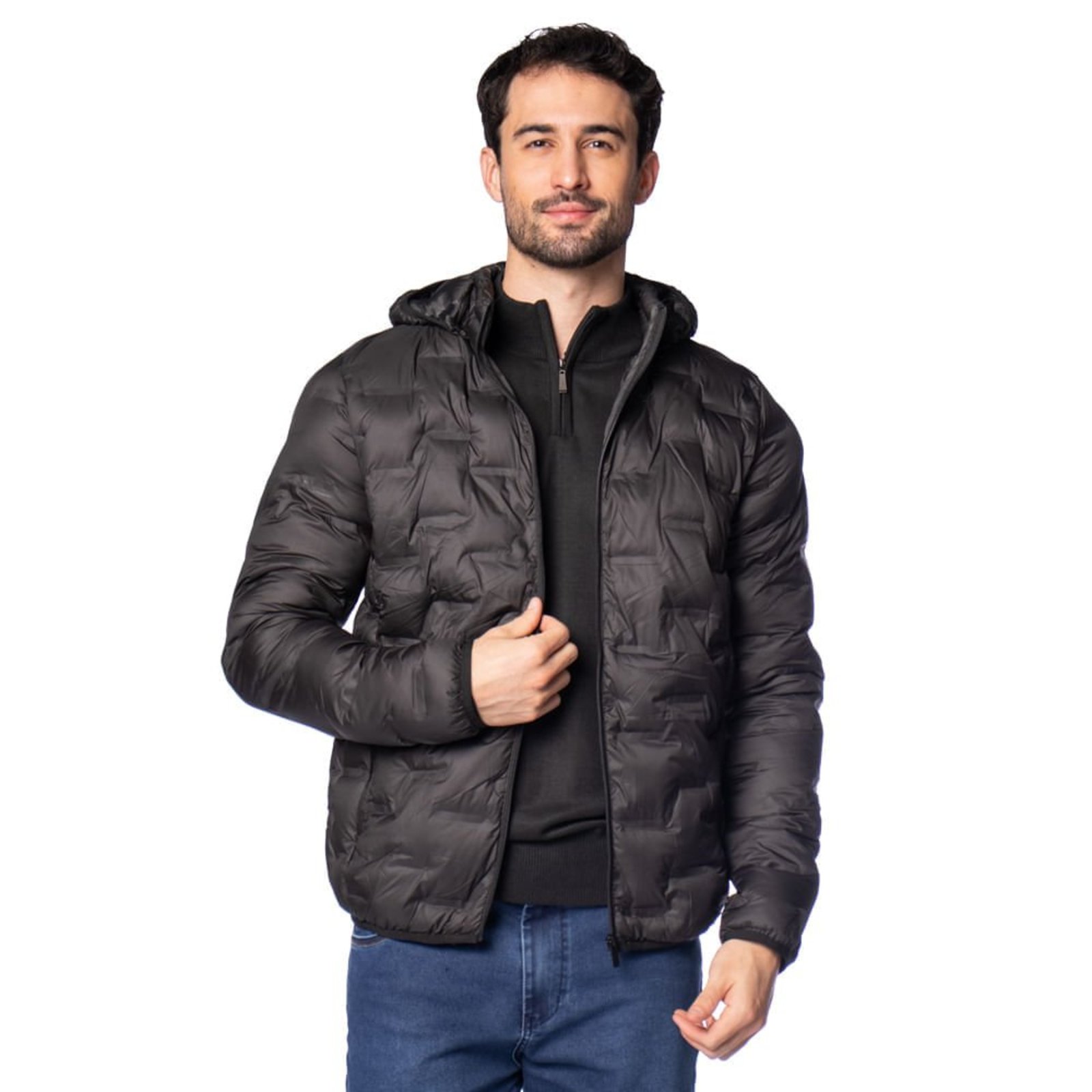 Jaqueta Puffer Masculina Sea Surf Capuz Relevos Preto