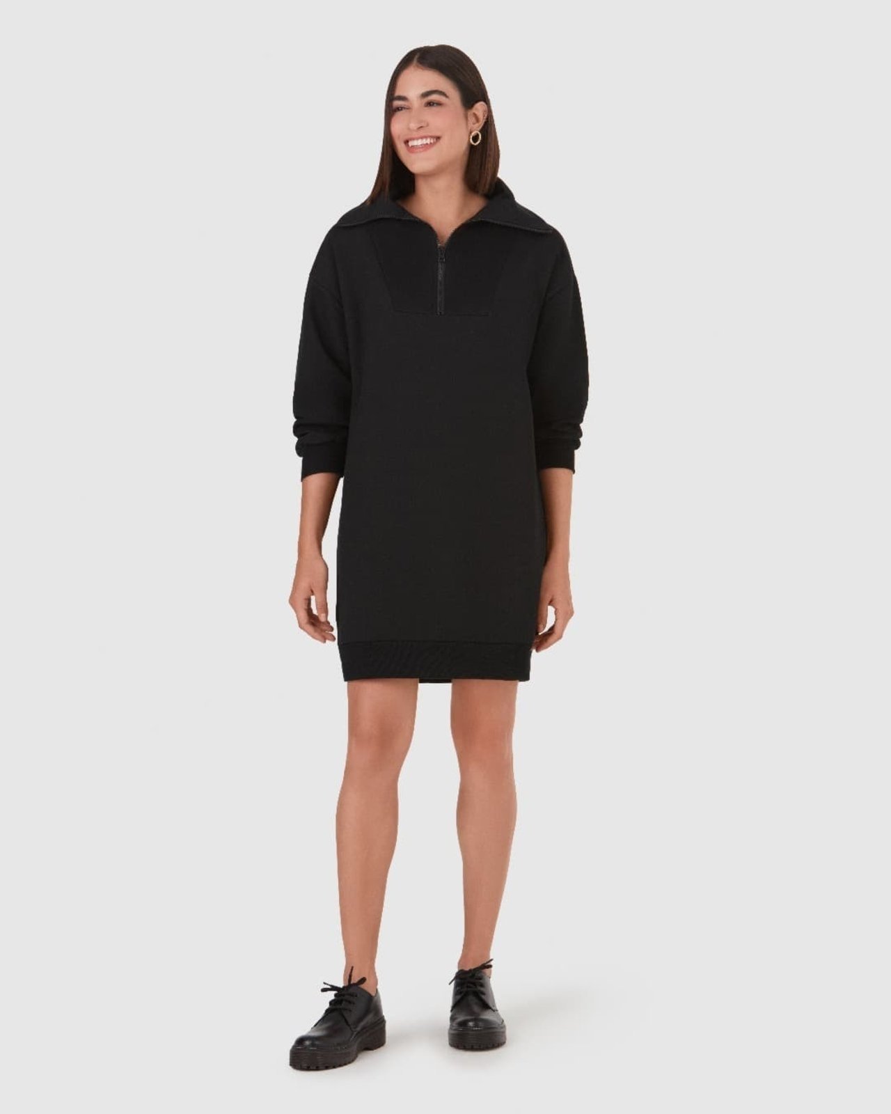 Vestido Feminino Decote Com Zíper Em Moletom Flanelado