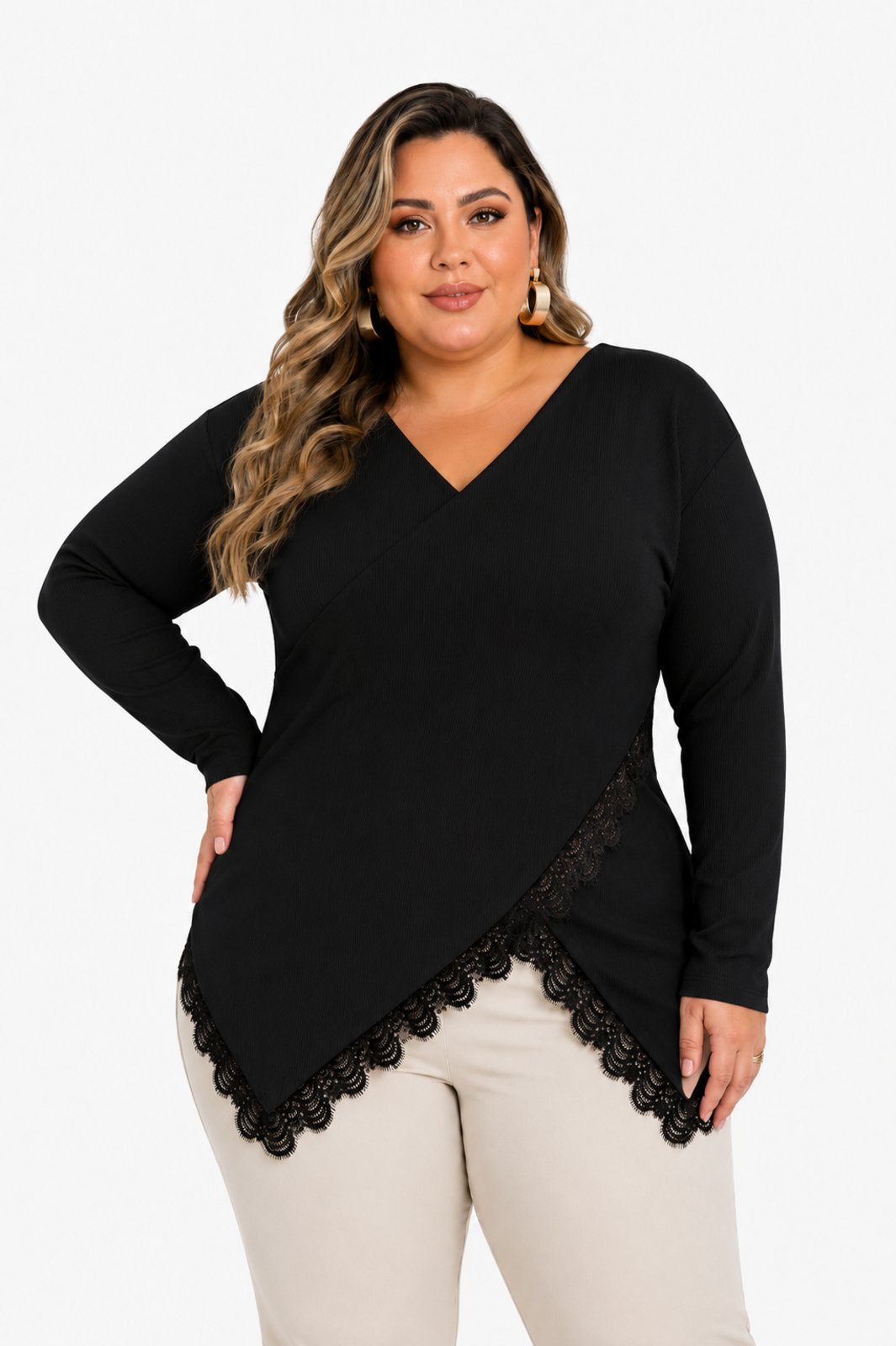 Blusa Plus Size D Bell Outlet Fashion Decote V Preto