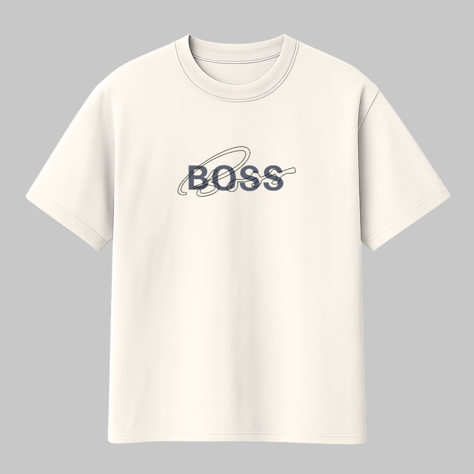 Camiseta Básica Estampa Boss Design Line Art Signature Estilosa Off White
