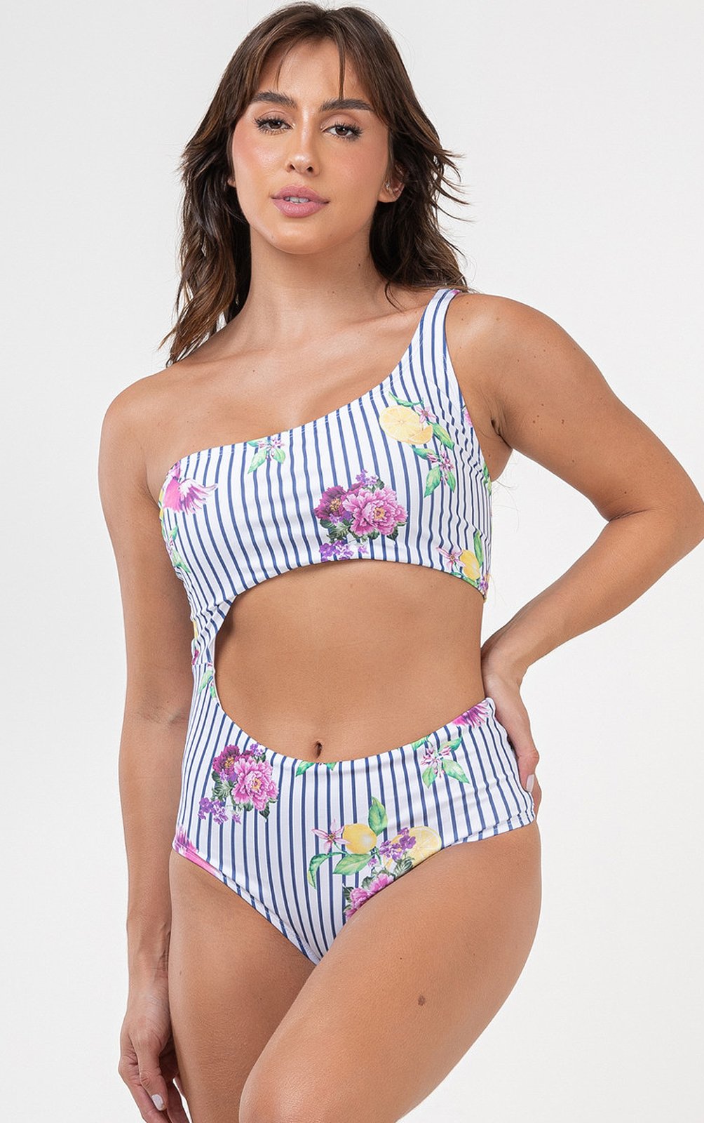 Maiô Feminino Mood Modas Um Ombro Só Estampado Mood Praia Verão Pôr do Sol 366 Branco