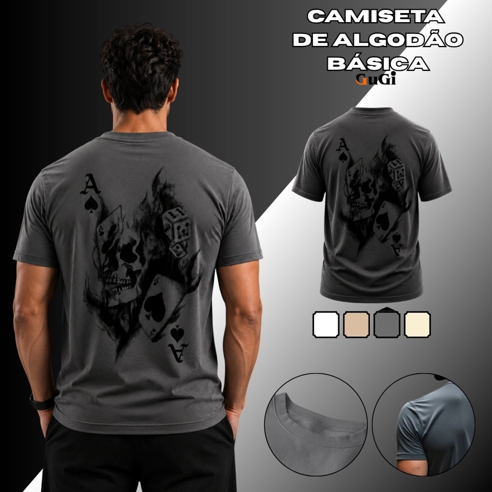Camiseta Masculina Caveira Cartas 100% Algodão Chumbo
