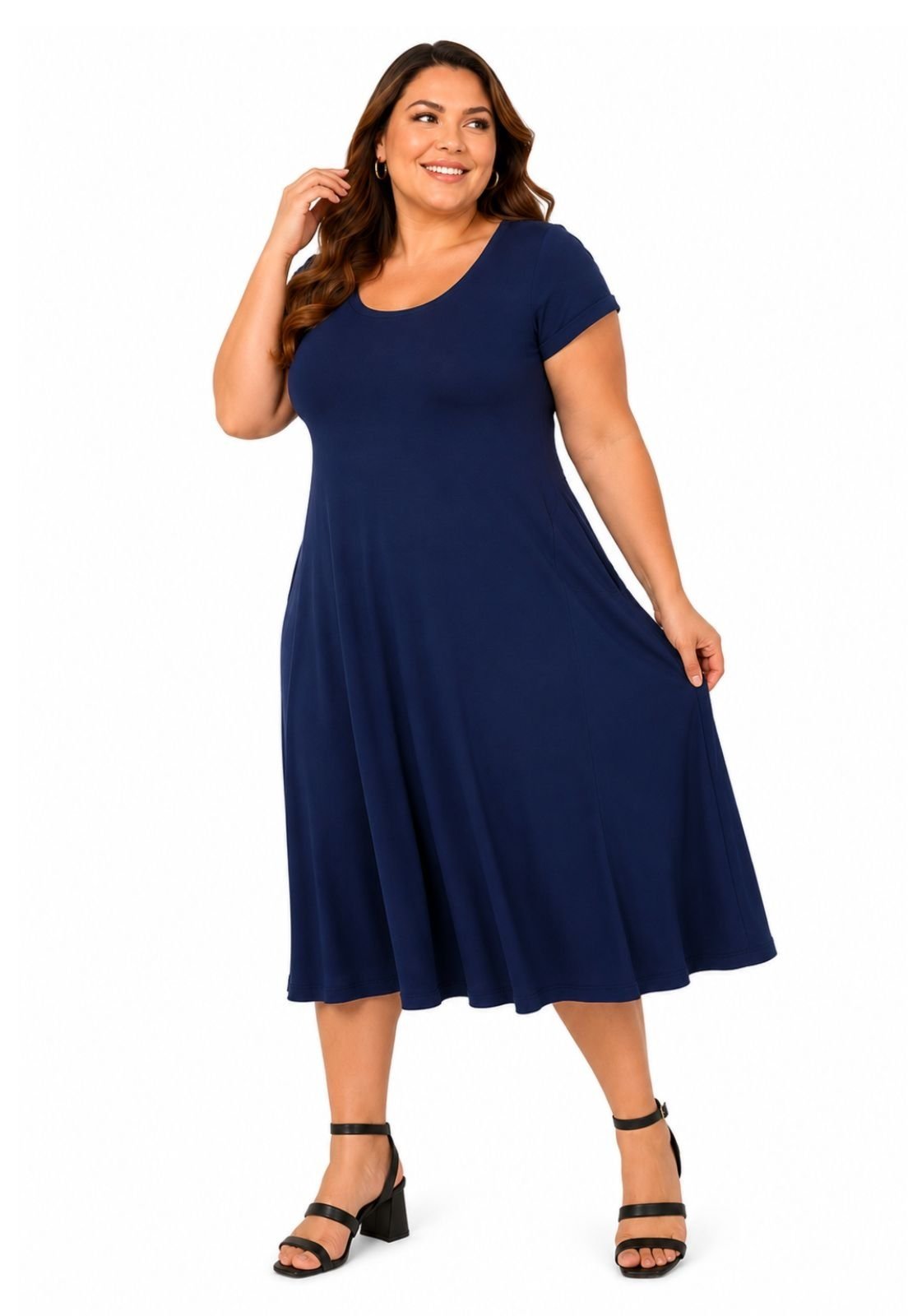 Vestido Plus Size Midi Azul Marinho
