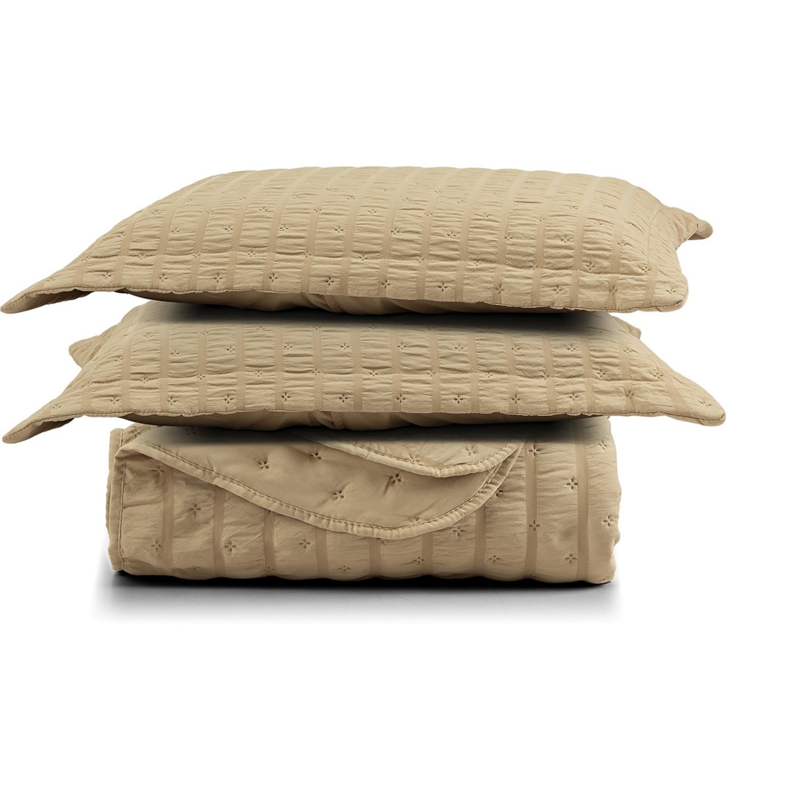 Kit Colcha Cobre Leito Casa Scarpa Plissê Casal Seersucker Premium 3 Peças Maciez e Leveza com Textura 3D Bege Mel