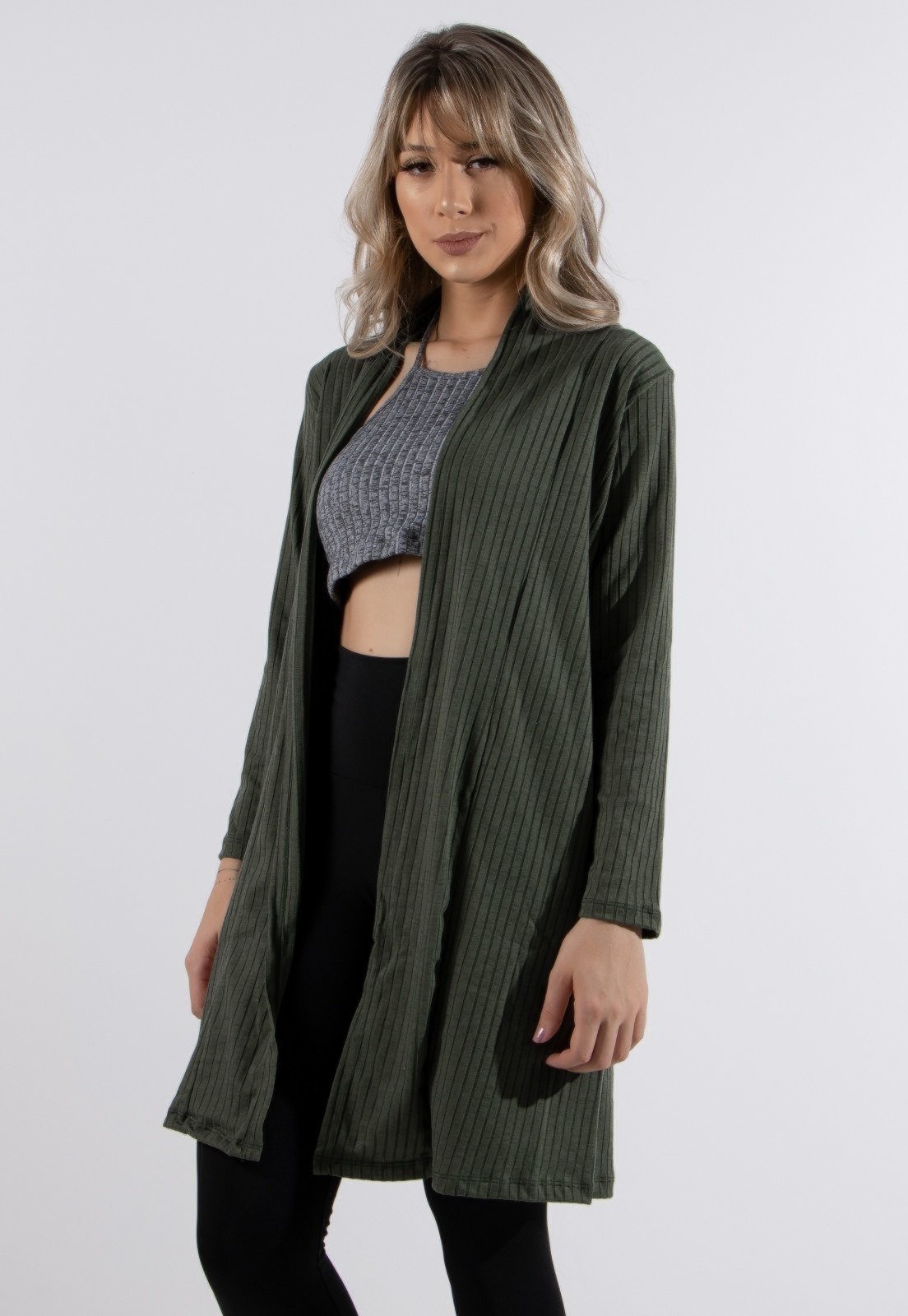 Cardigan Kimono Liso Canelado Manga Comprida Casaco Moda 4 Estações Verde