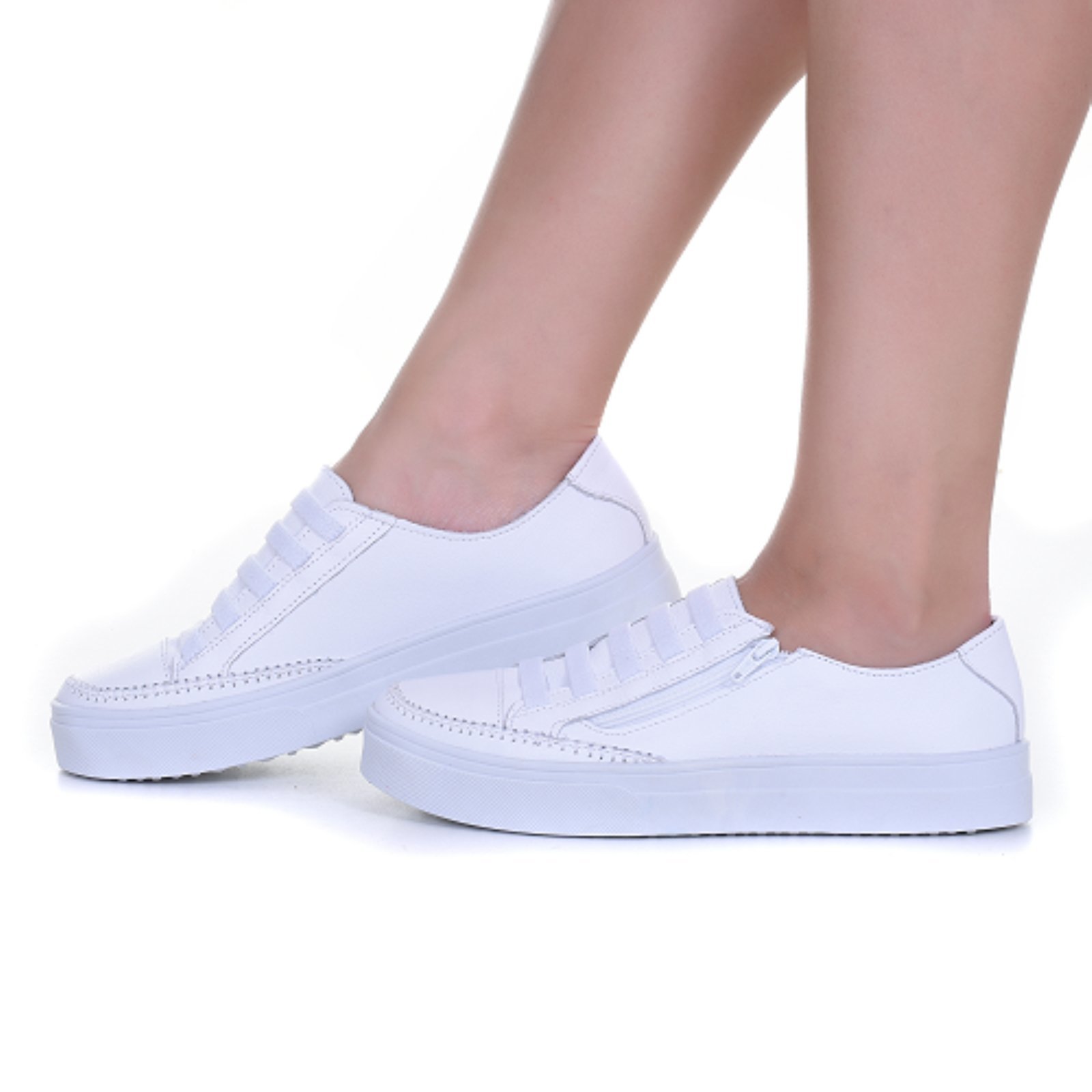 Tênis Feminino Branco Sola Alta De Couro Zíper