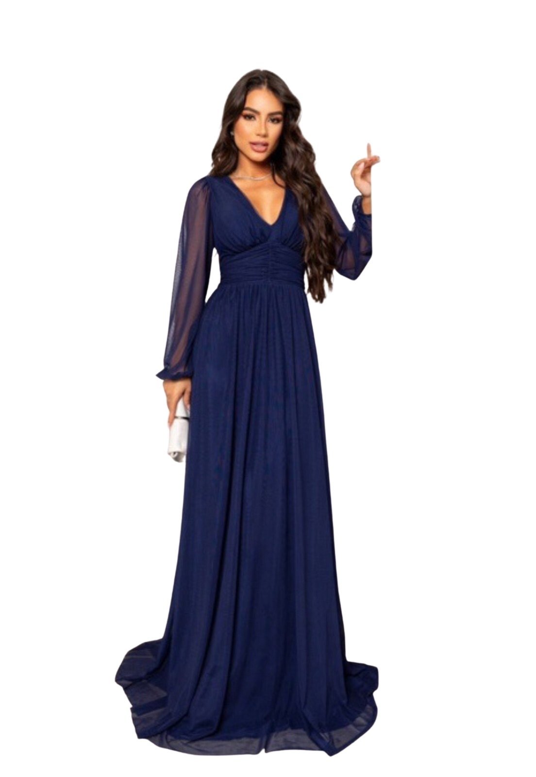 Vestido Longo de Festa Micro Tule Manga Longa Graciany Azul Petróleo