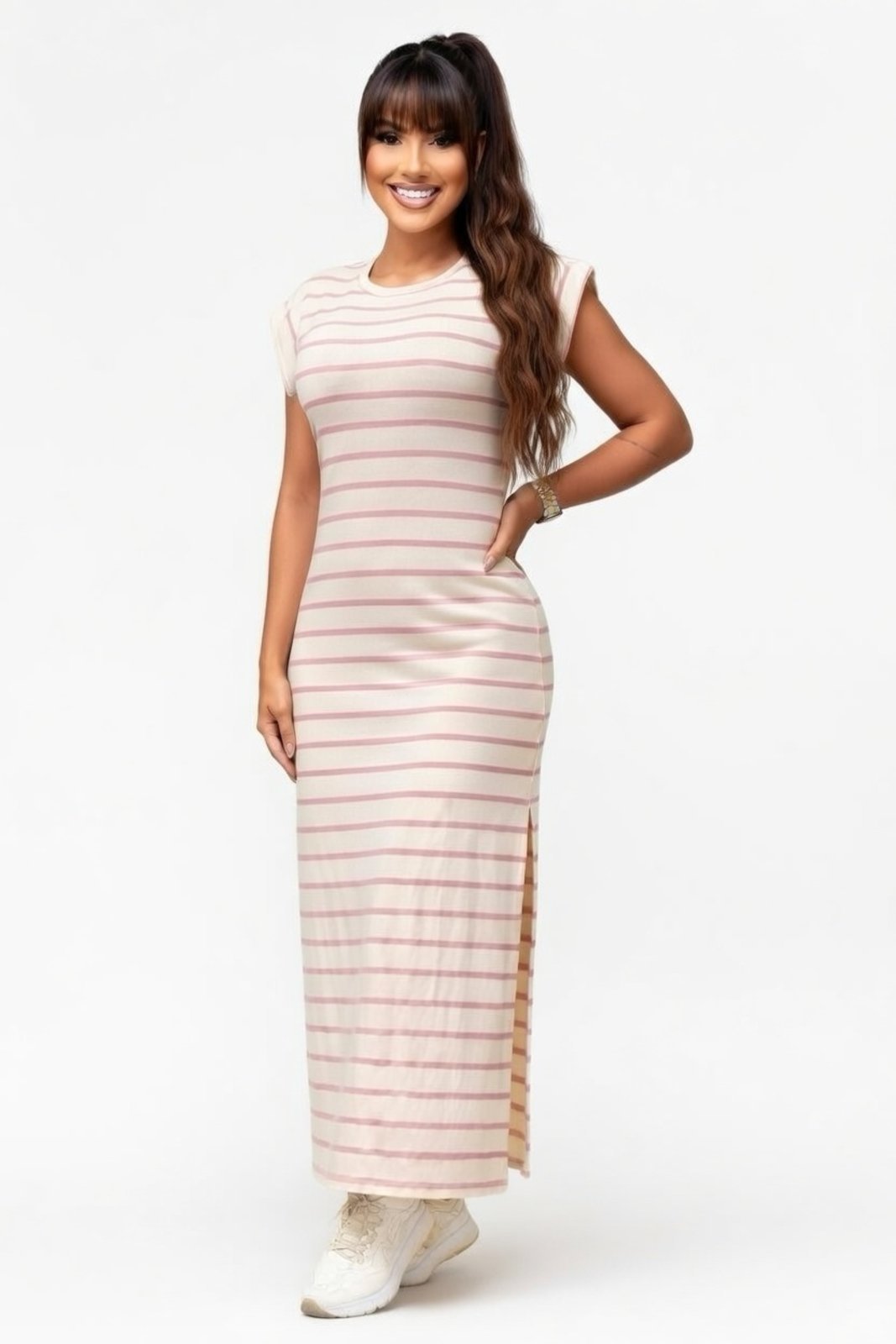 Vestido Longo D Bell Outlet Fashion com Listras Rosa