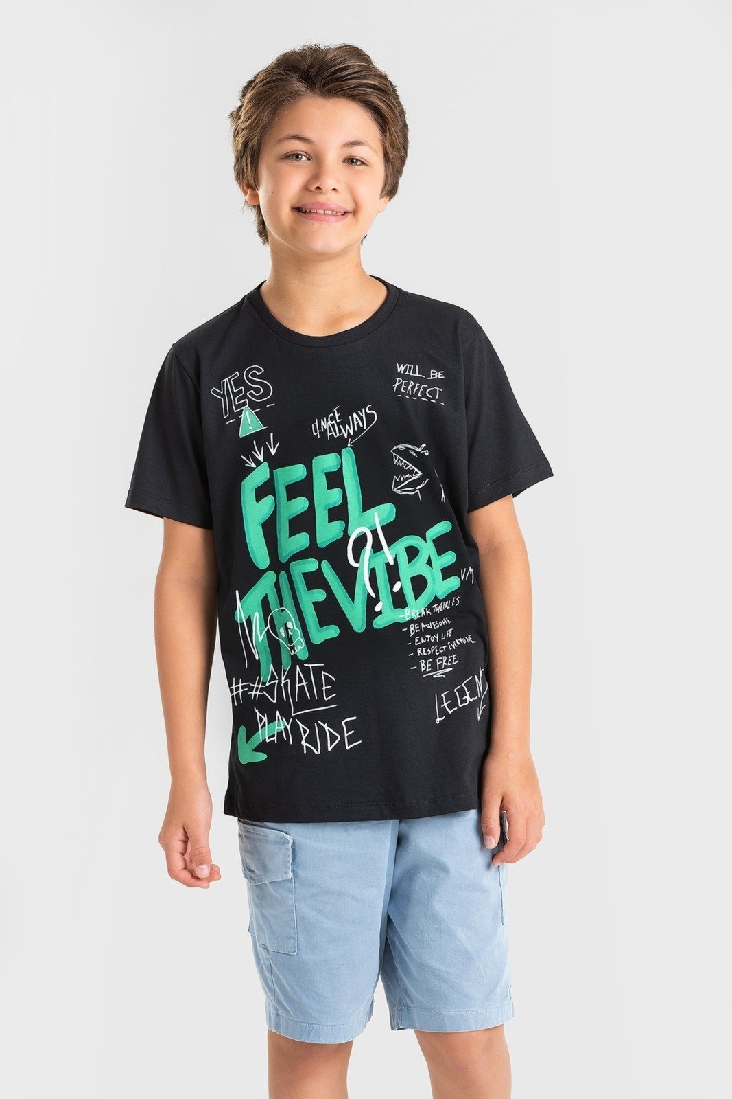 Infantil - Camiseta Meia Malha Juvenil Masculina Feel The Vibe