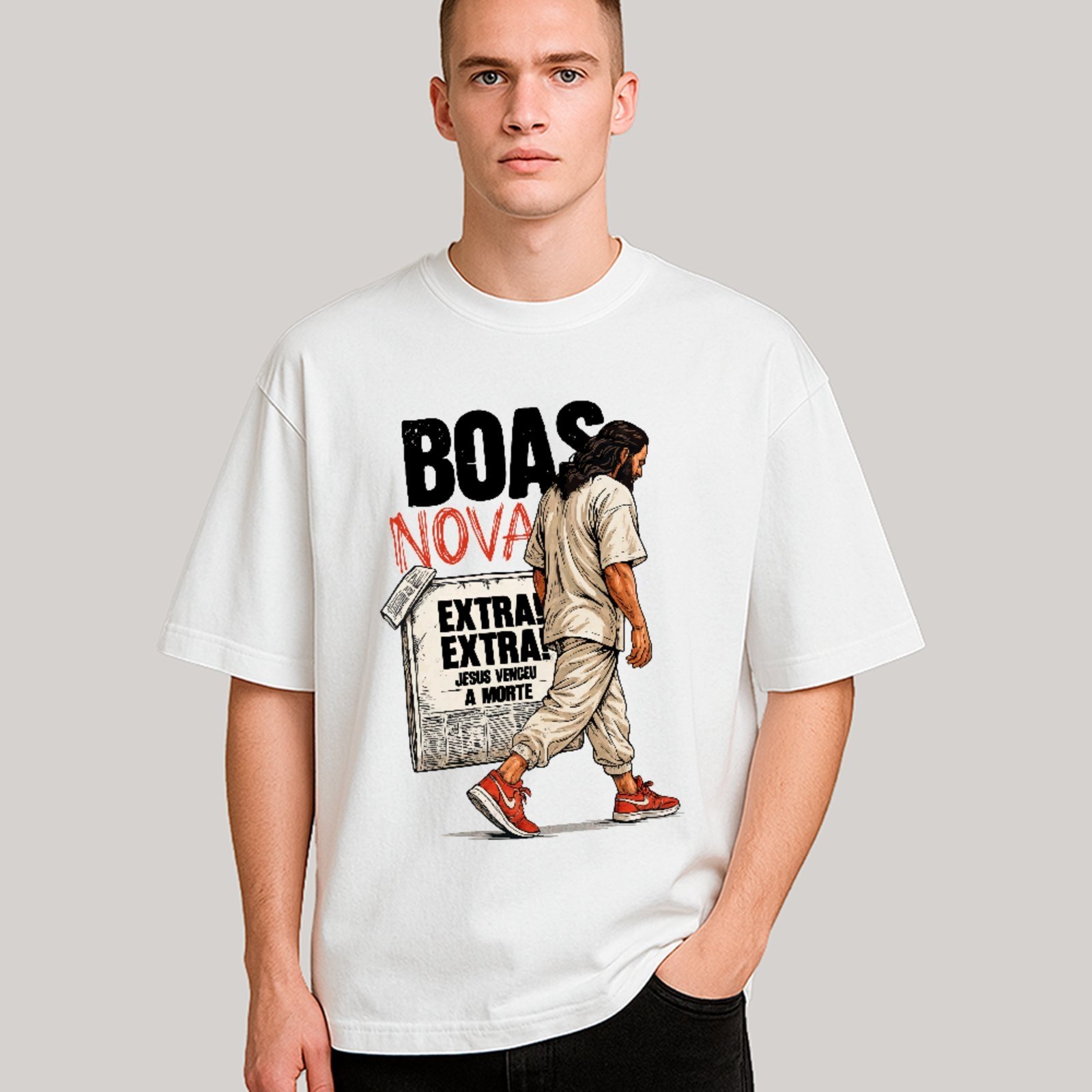 Camiseta Unissex Ousy Cristã Boas Novas Oversized Branco