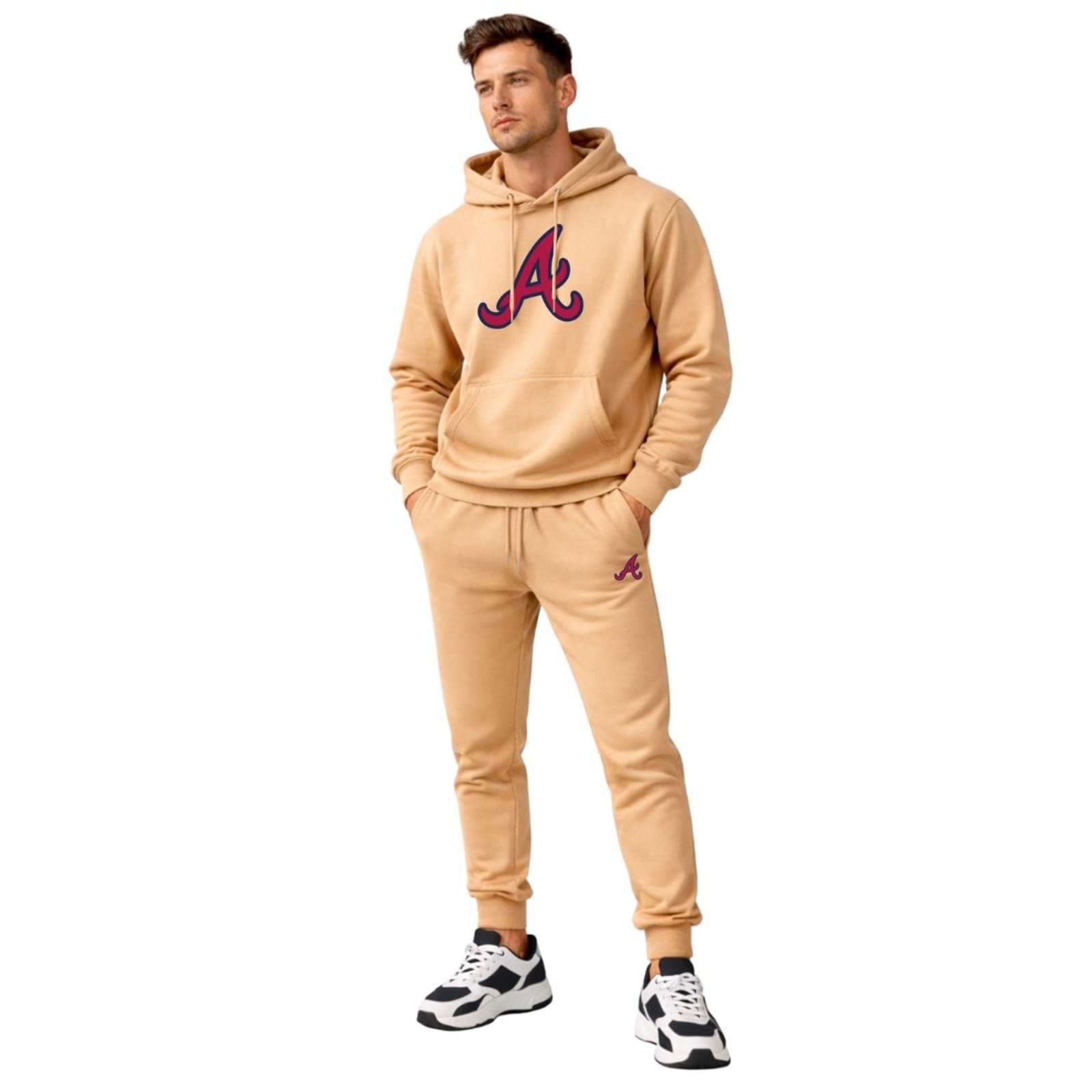 Conjunto de Moletom Blusa + Calça Masculino Bege Estampado, Estilo Casual Confortável Ideal Para Dia a Dia Esportes Frio