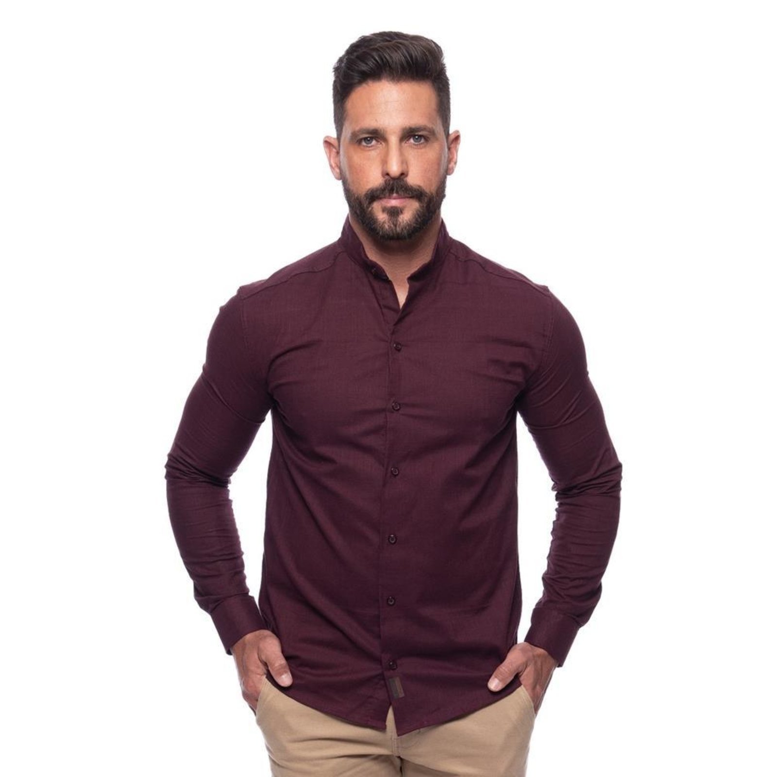 Camisa Masculina Linho Manga Longa Gola Padre Lisa Casual Azul Claro G Vinho