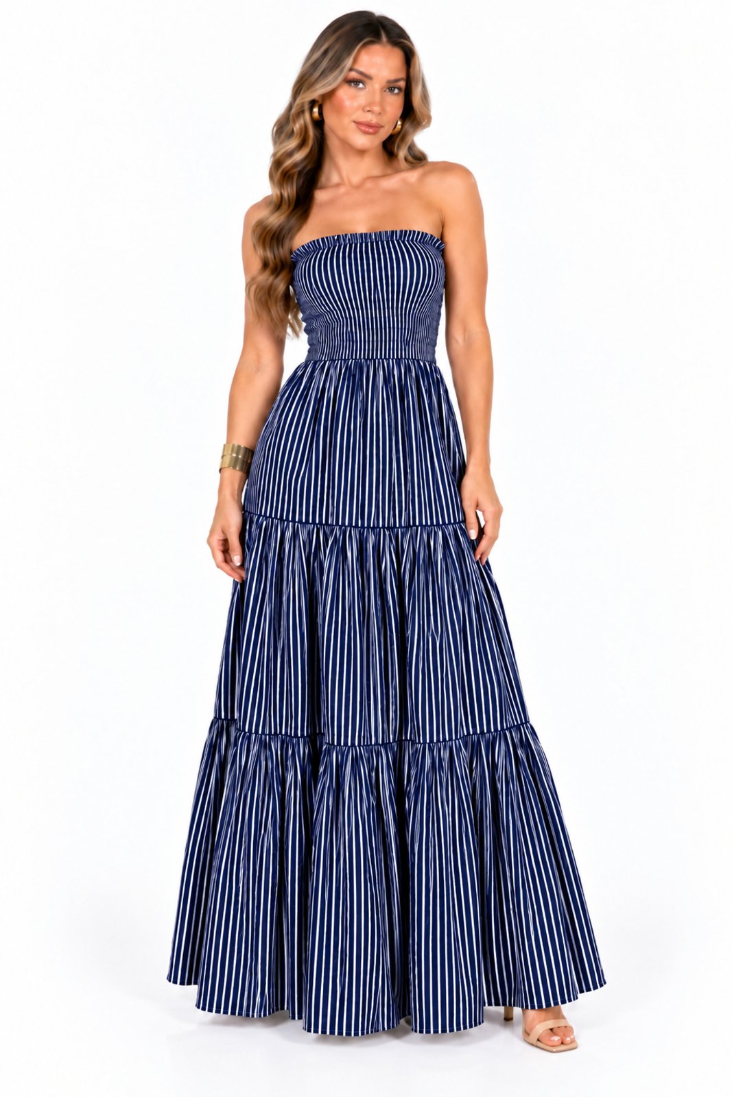 Vestido Longo Listrado D Bell Outlet Fashion Azul marinho