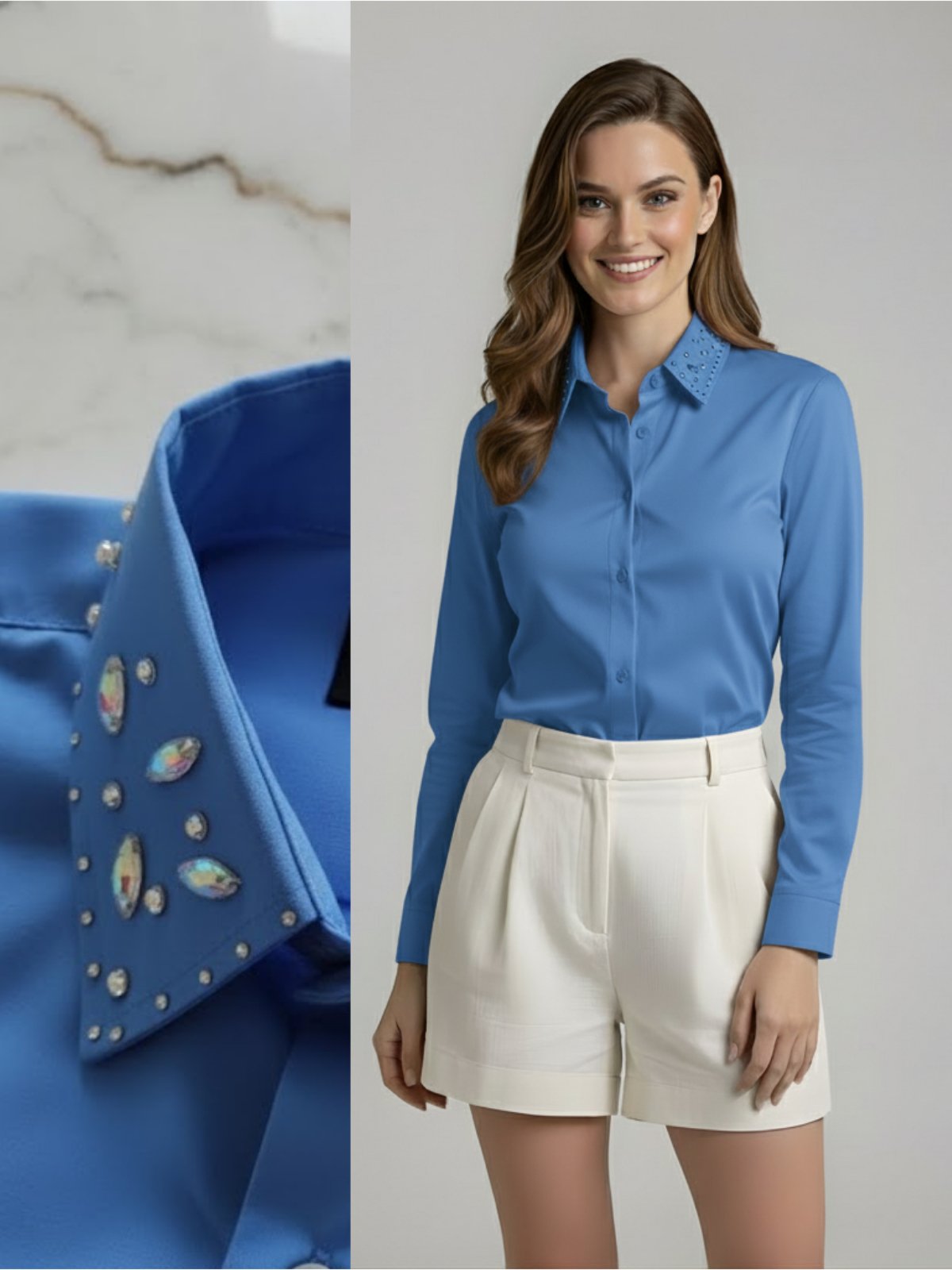 Camisa Social Feminina com Gola de Strass Premium Azul Motorista| Blusa de Luxo Manga Longa com Aplicações de Brilho