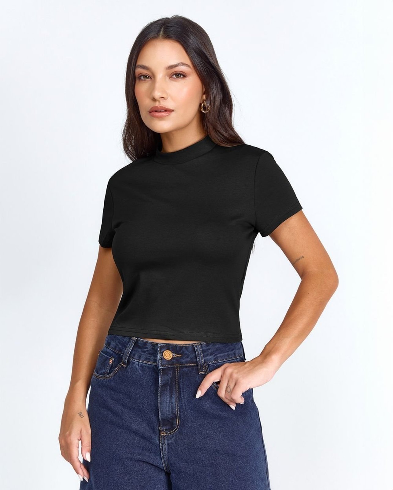 Baby Look Gola Alta Feminina Cropped Premium 90299 Preto Consciência