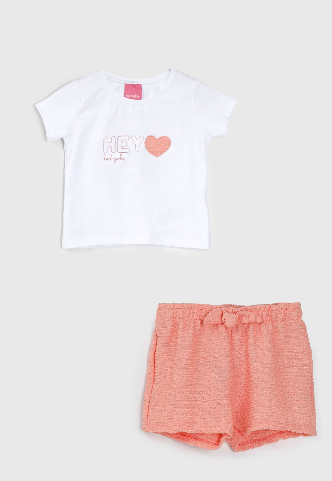 Conjunto Curto Kamylus Estampado Coração Branco e Coral