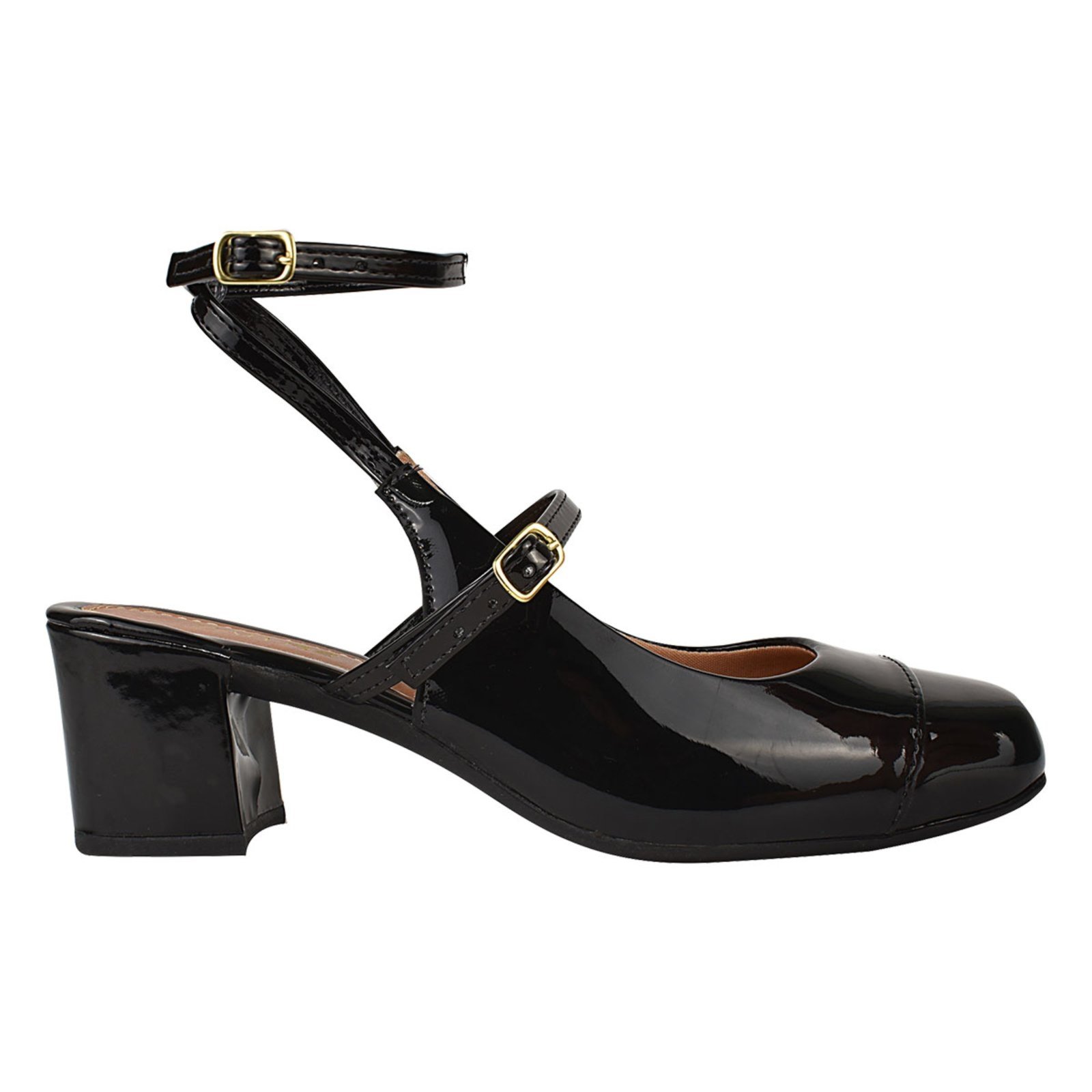 Scarpin Feminino Slingbak Sapato Boneca Salto Grosso Retr Bico Quadrado Confortável Casual Original Verniz Preto