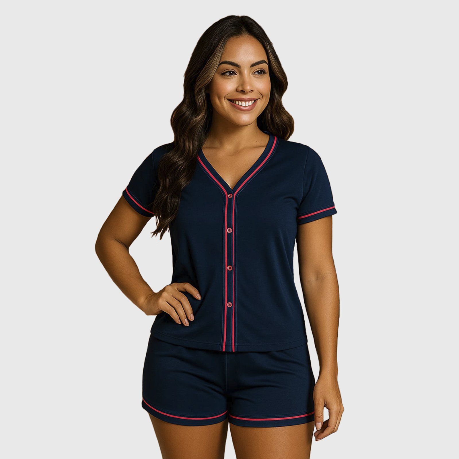 Pijama Tetê Variedades Blogueira Manga Curta Conjunto Feminino Americano Conforto para Dormir Azul Marinho