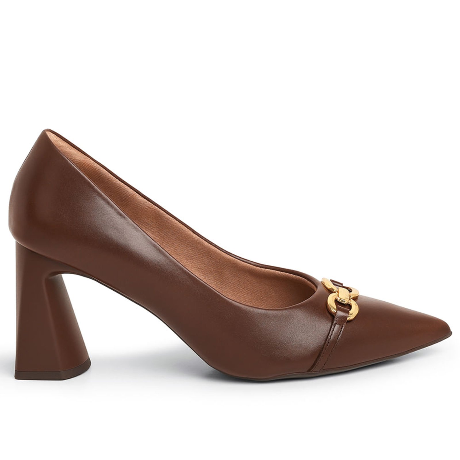 Scarpin Em Couro Marrom Anis Bico Fino Com Enfeite