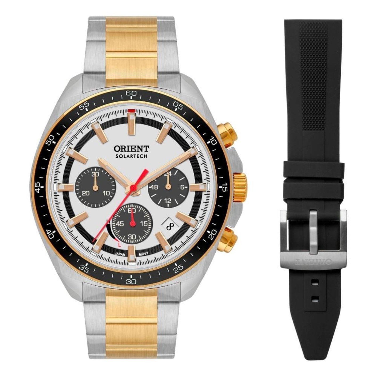 Relógio Masculino Orient Solartech Cronógrafo Pulseira Extra Exclusivo MTSSC053 S1SK Prata