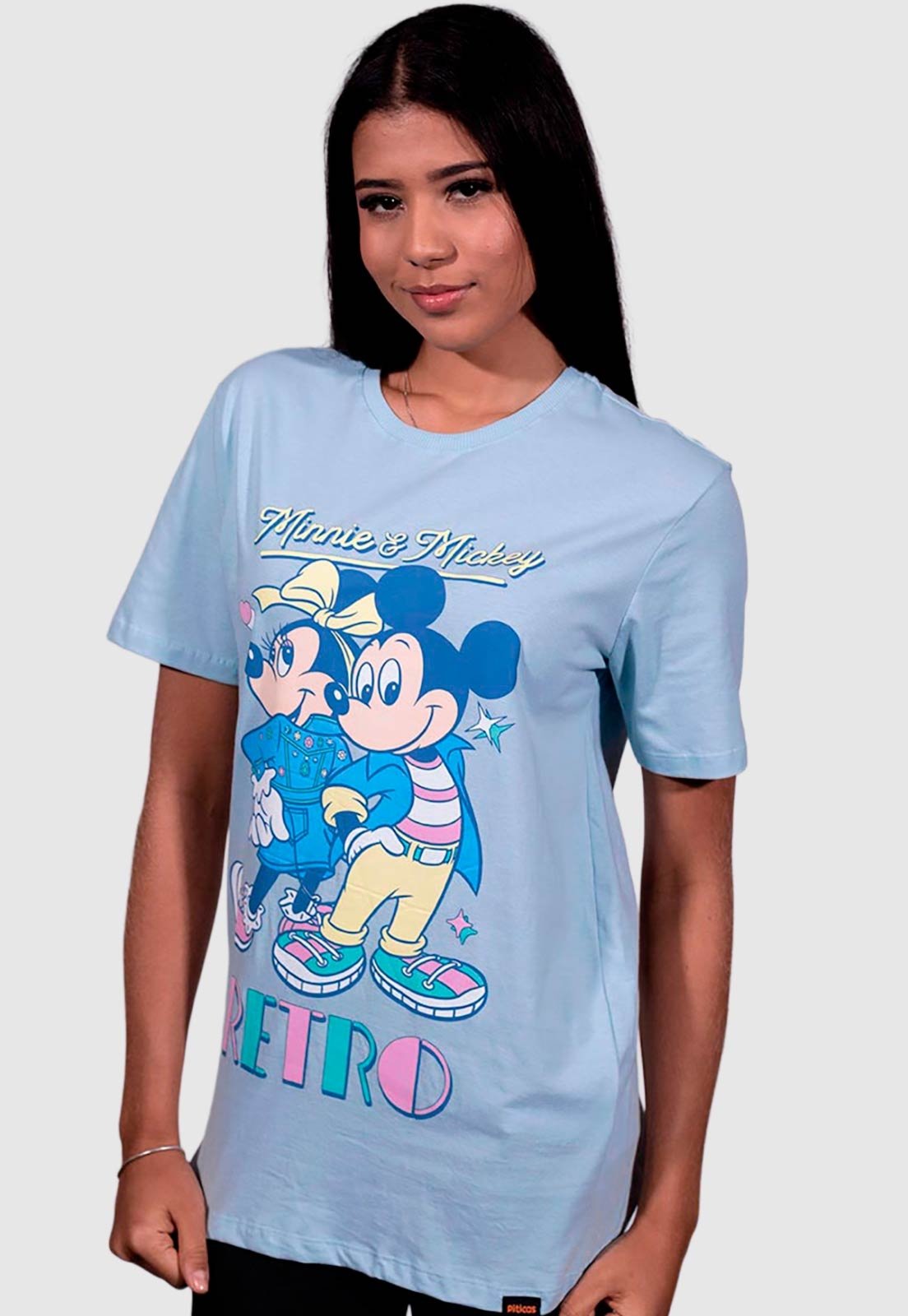 Camiseta Piticas Disney Minnie e Mickey Retro Azul Claro