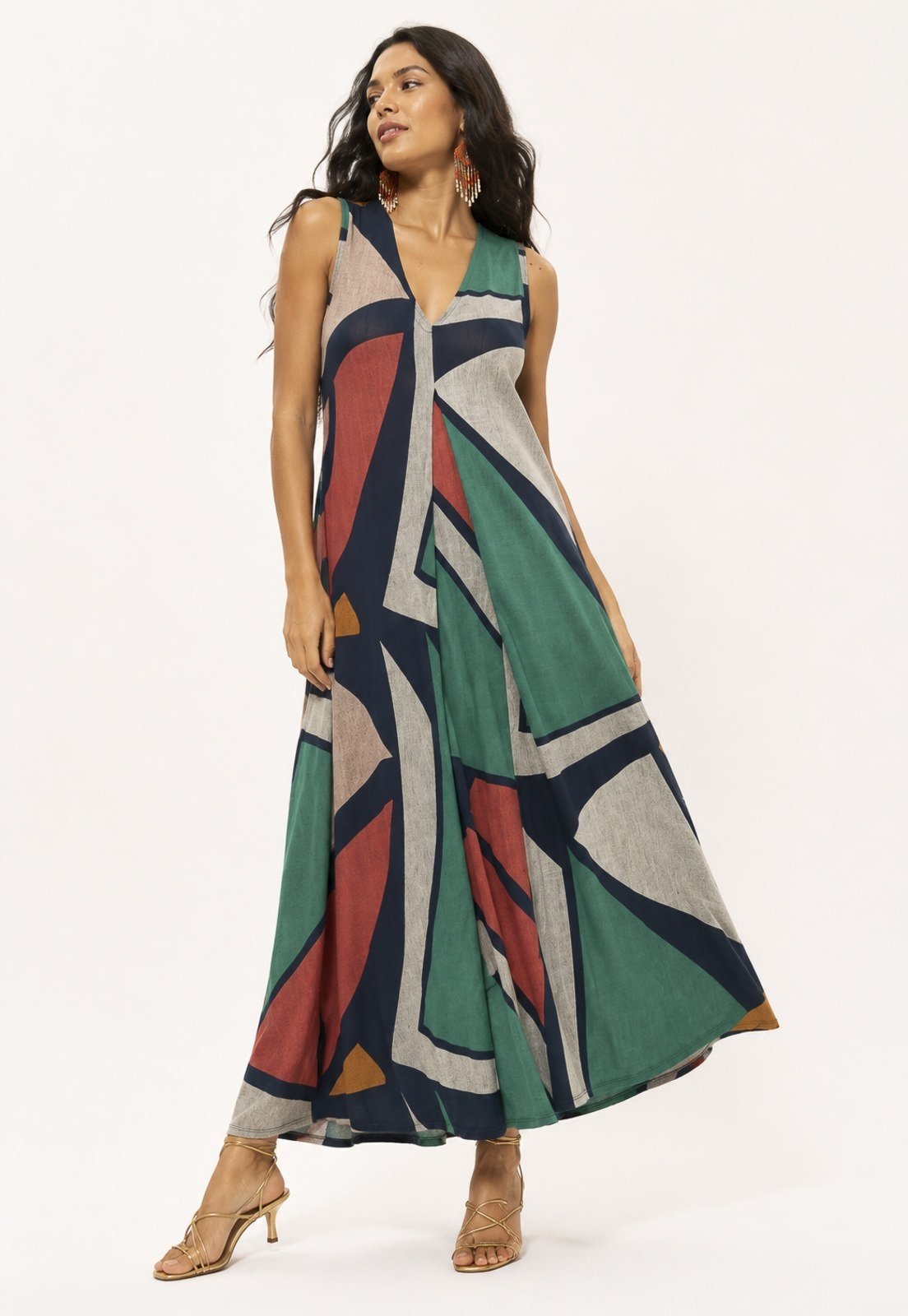 Vestido Longo Amazônia Vital Acará Malha Estampa Geometrias do Tempo