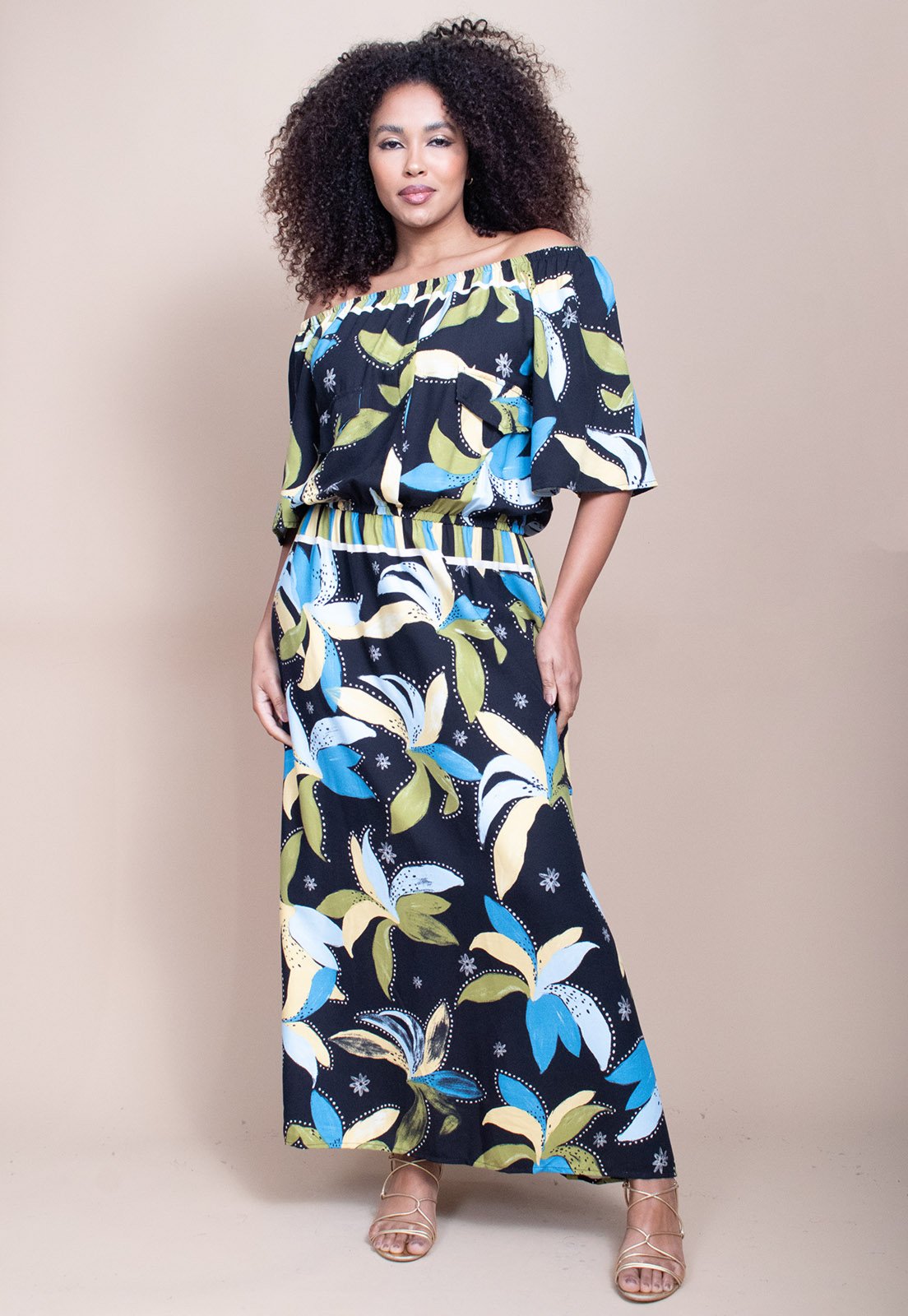 Vestido Midi Cabanafree Ciganinha Viscose com Lapela Estampa Jardim Noturno