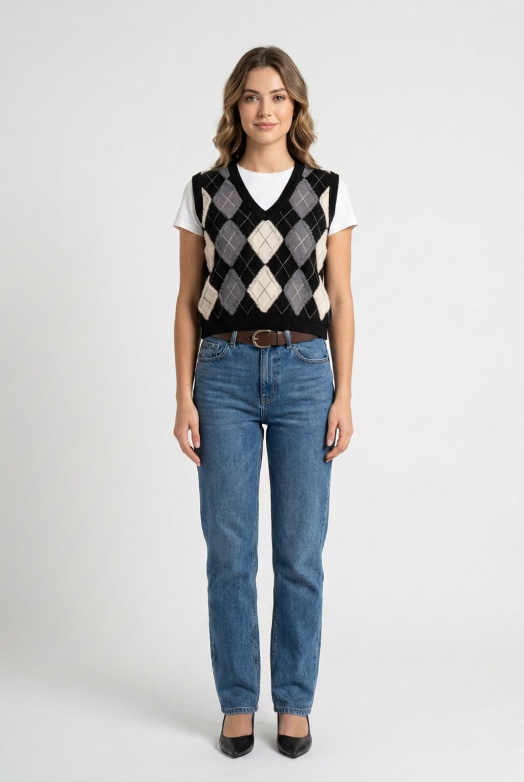 Colete Tricôt D Bell Outlet Fashion Argyle Preppy Preto