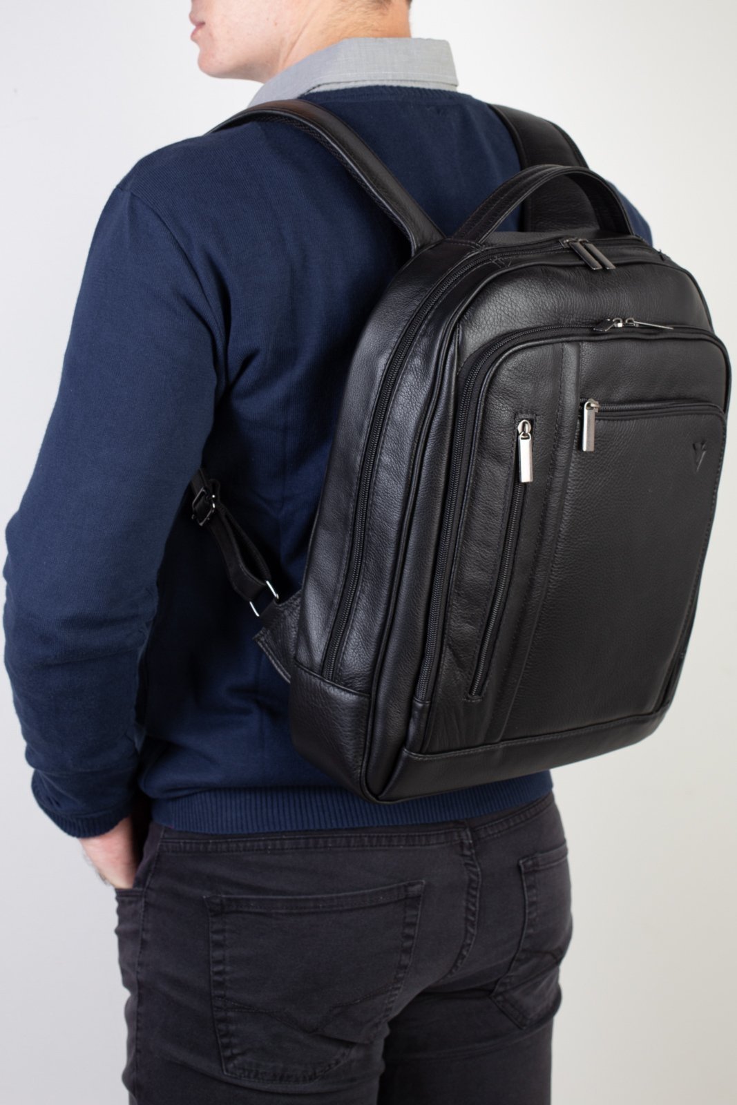 Vista 3 Mochila Vira Vento De Couro Executiva Connect - Preta azul azul