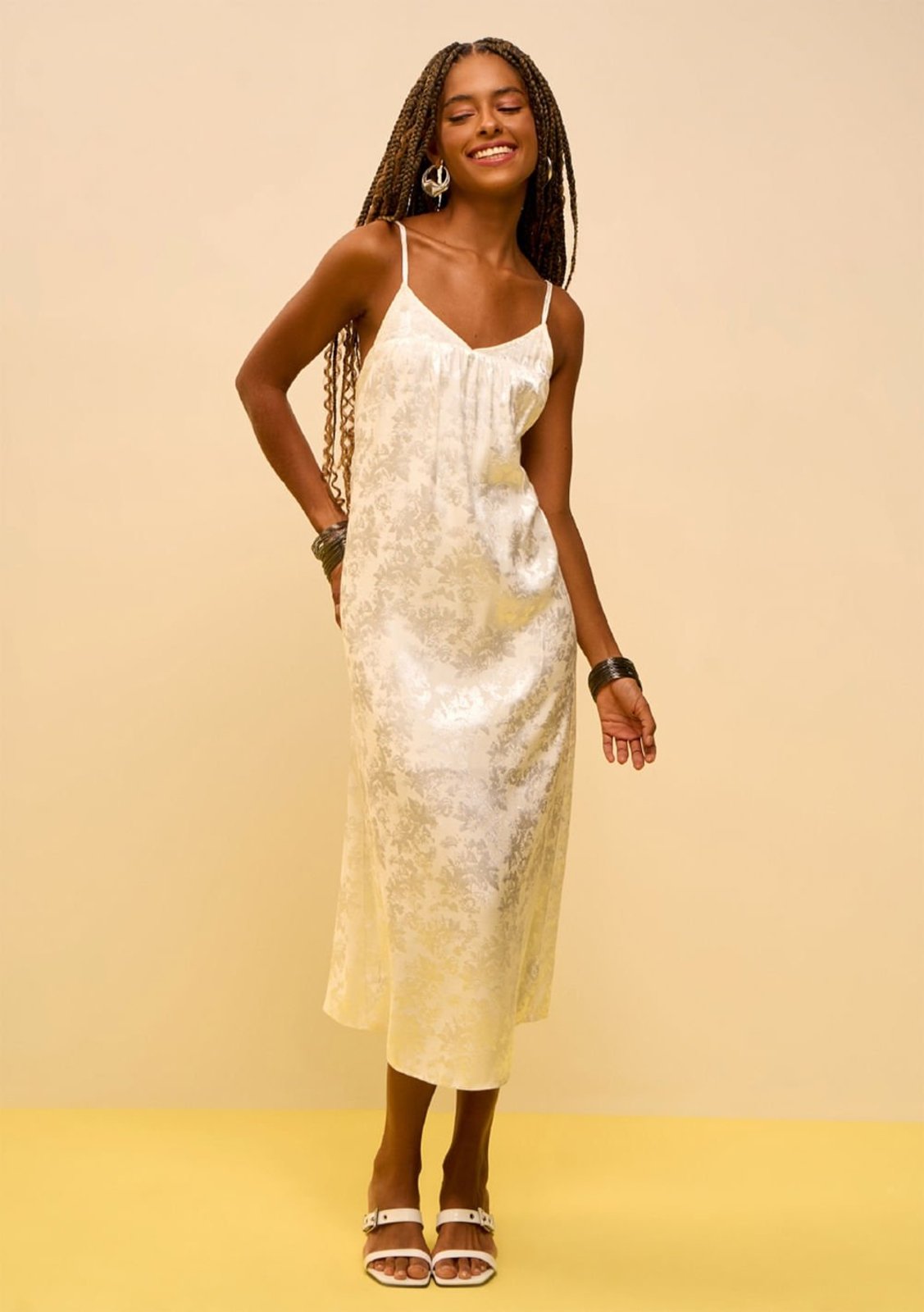 Vestido Zinco Ajustado Decote V Com Alça Midi Off-white