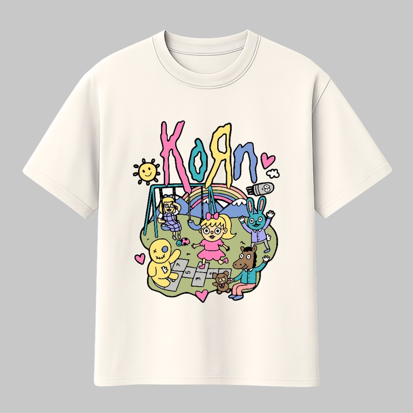 Camiseta Básica Korn Cartoon Art Rock Alternativo Unissex Off White