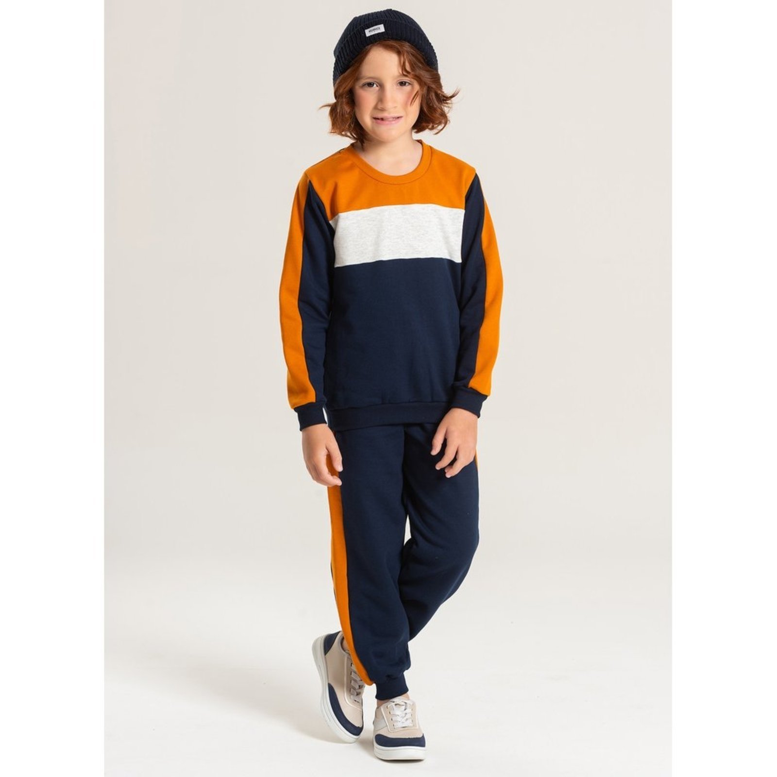 Infantil - Conjunto Inverno Menino Marinho Blusão e Calça em Moletom Básico com Recortes