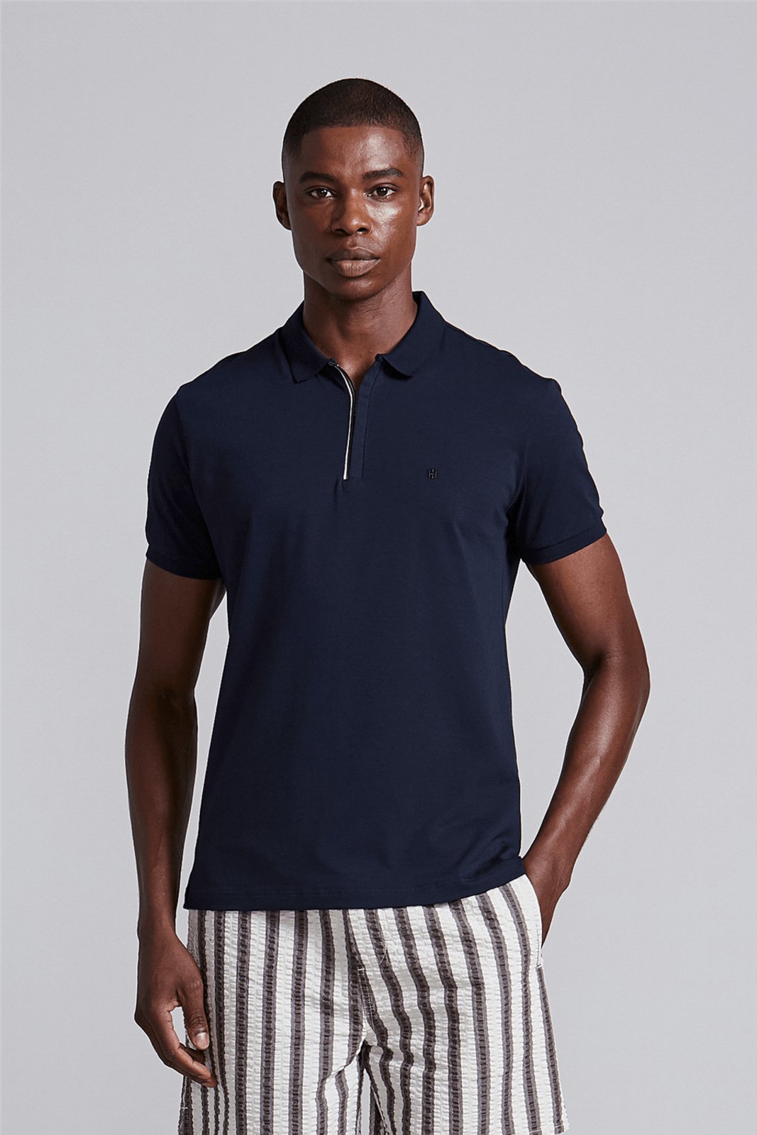 HIGHSTIL Camisa Polo com Zíper Malha Slim Fit – Azul Marinho