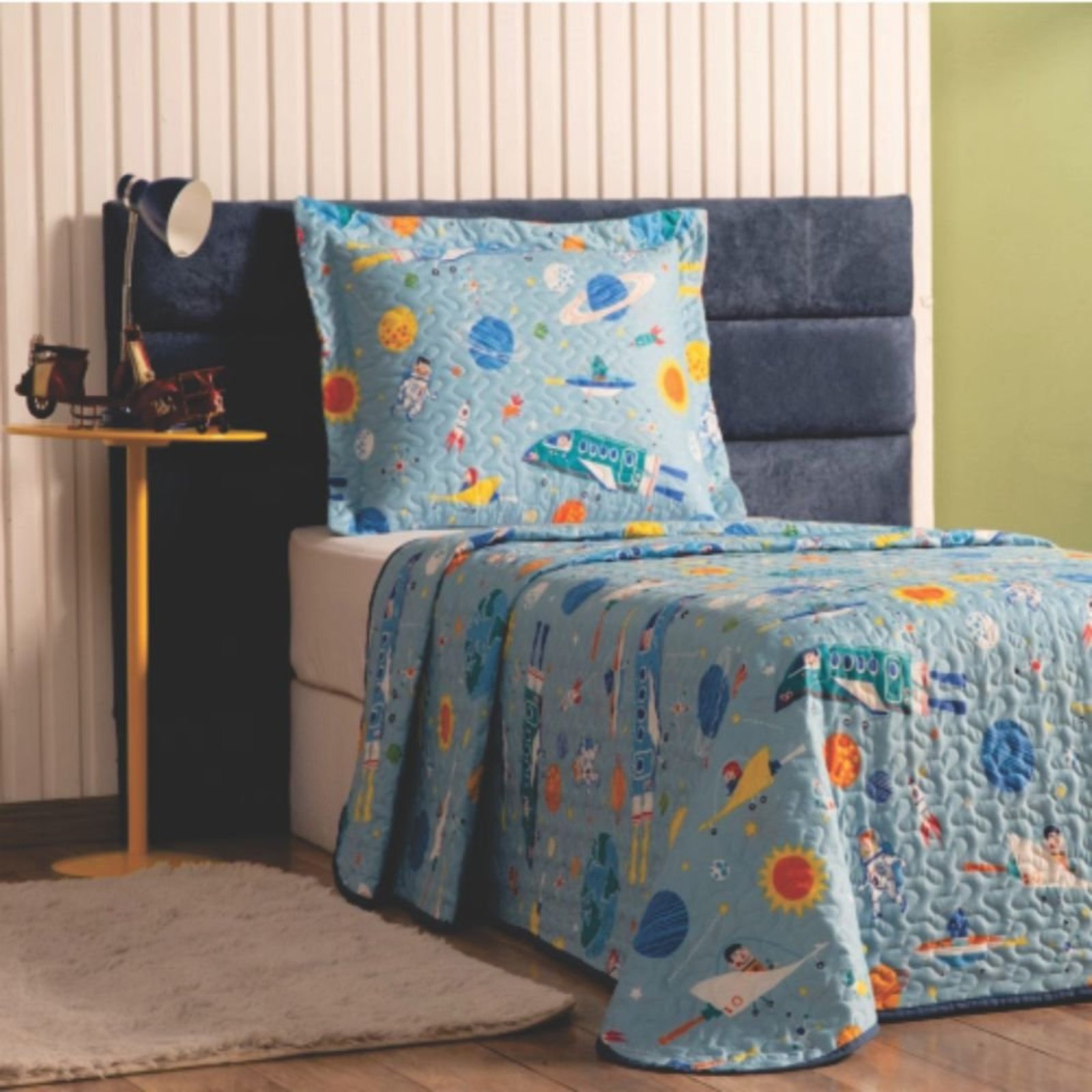 Colcha Quarto Menino Foguete Matelada - Azul - 100% Poliéster