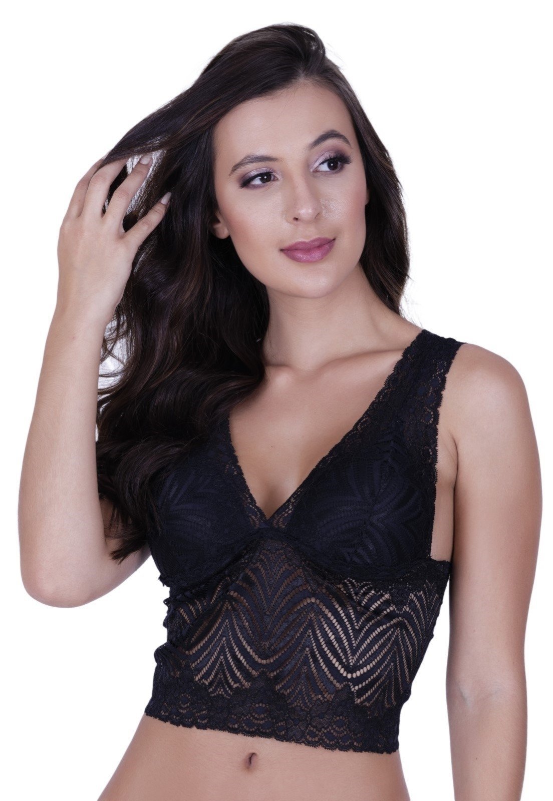 Sutiã com Bojo de Renda Blusa Cropped Alça Larga Terra e Mar Preto
