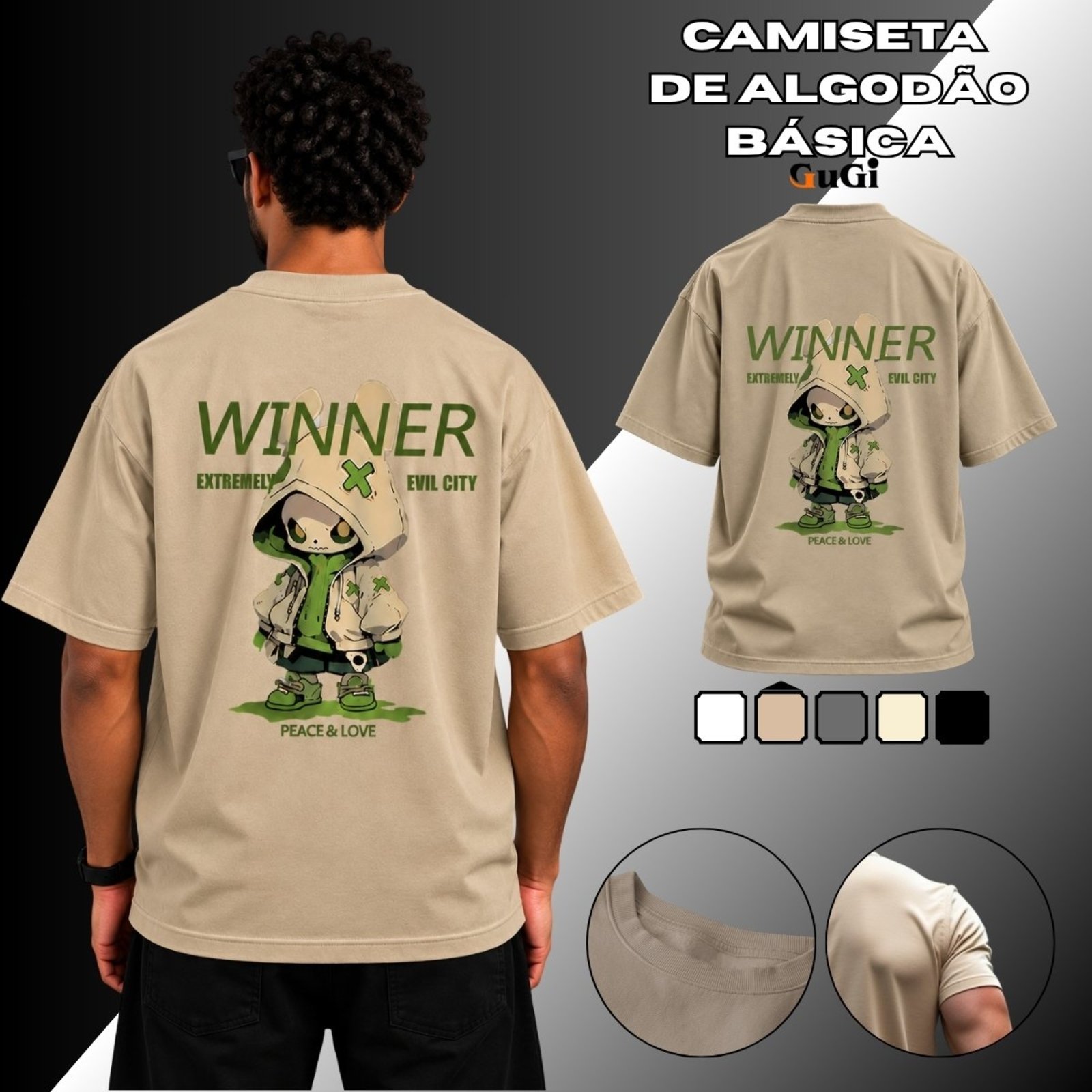Camiseta Masculina Winner Peace & Love Coelho 100% Algodão 30.1 Caqui