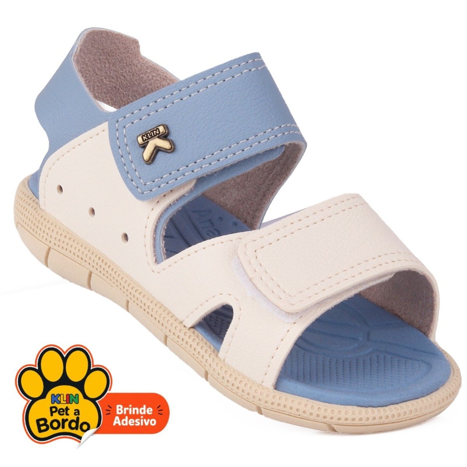 Infantil - Sandália Papete Casual Klin Anatômica Com Fita Aderente Bicolor Azul e Bege