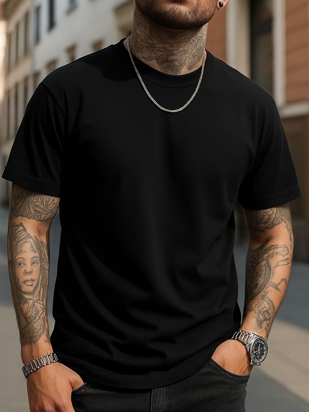 Vista 2 Camiseta Básica Safira Moda Algodão Preta preto Safira Moda preto